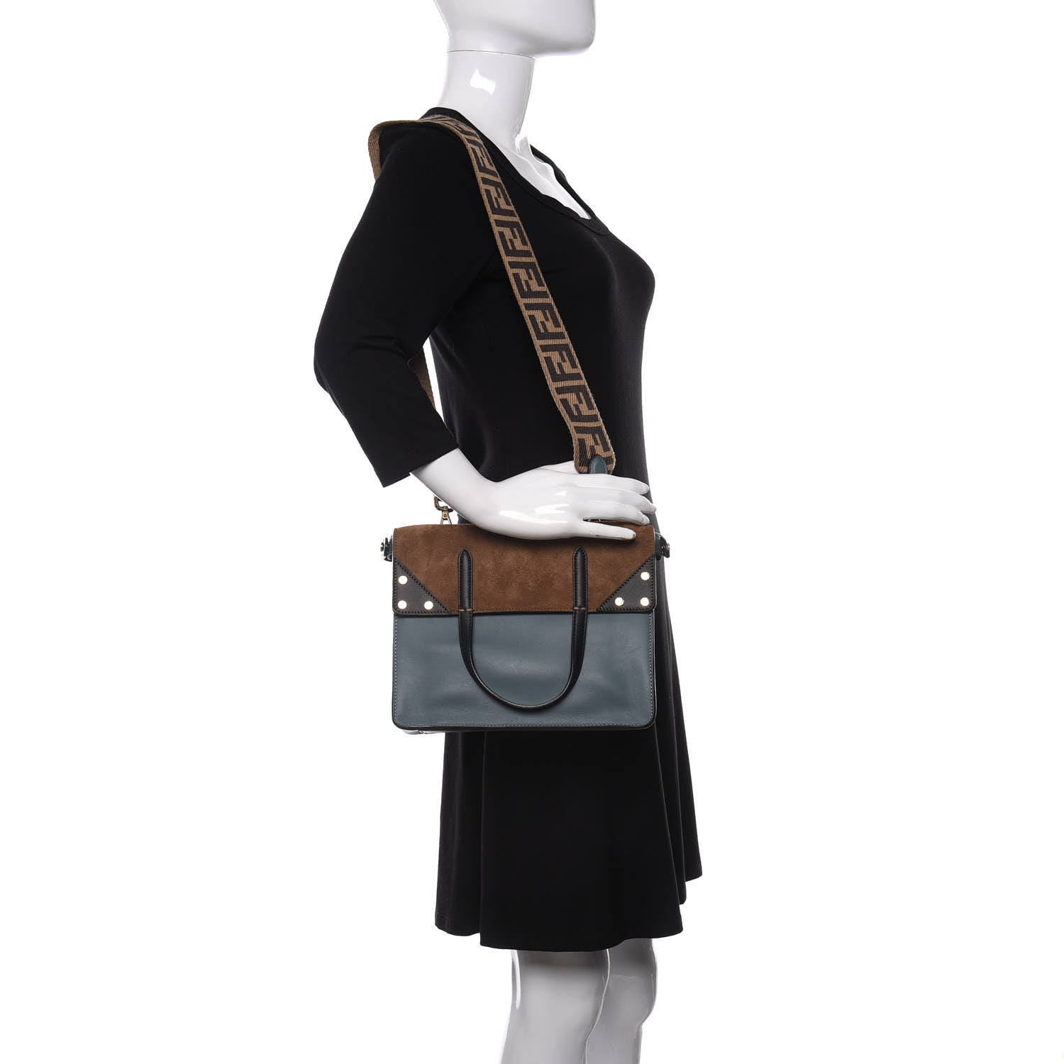 Fendi Vitello Grace Suede Small Flip Tote Azzurro Merlino Marrone Black 2 of 13