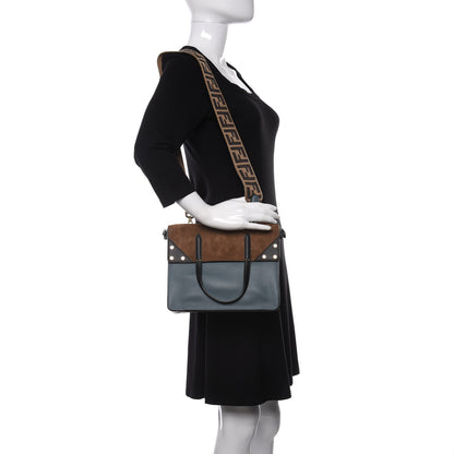 Fendi Vitello Grace Suede Small Flip Tote Azzurro Merlino Marrone Black 2 of 13