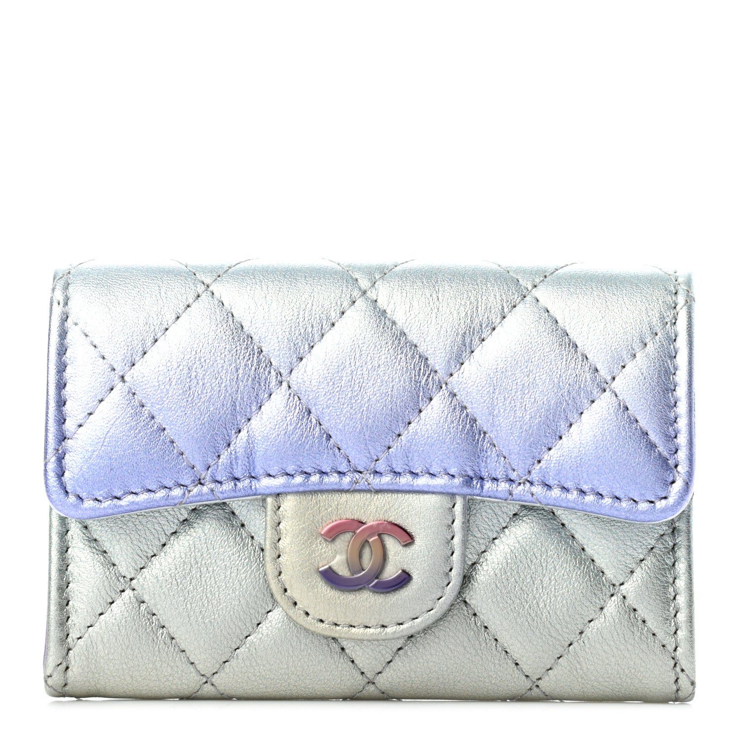 Chanel Gradient Metallic Calfskin Quilted Flap Card Holder Wallet Silver Blue Yellow Purple 1 of 8