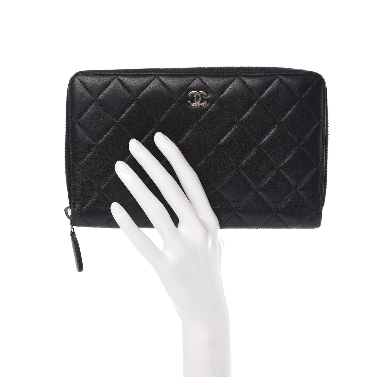 Lambskin Quilted Large Zip Around Organizer Wallet Black