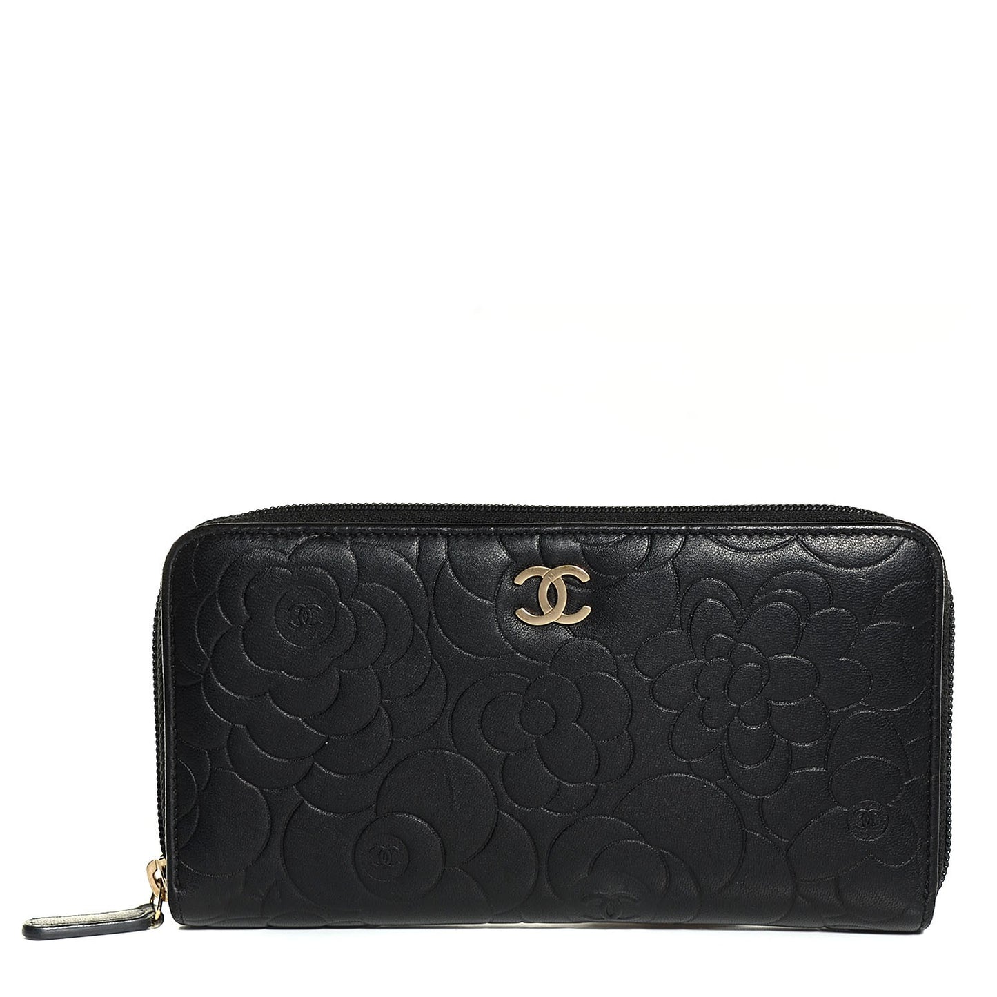 Lambskin Camellia Embossed Large Zip Around Gusset Wallet Black