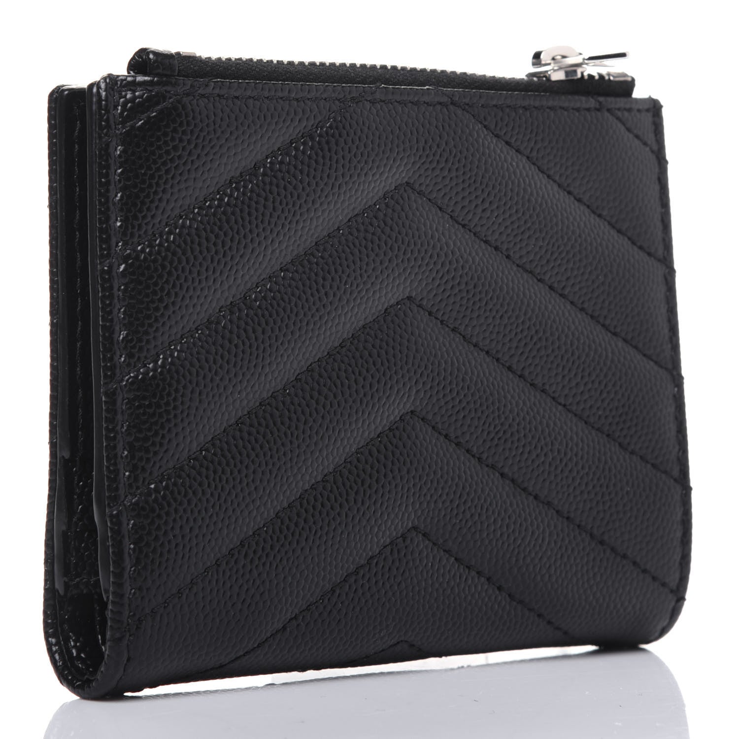 Saint Laurent Grain De Poudre Matelasse Chevron Monogram Zipped Card Case Black 3 of 12