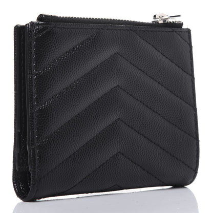 Saint Laurent Grain De Poudre Matelasse Chevron Monogram Zipped Card Case Black 3 of 12
