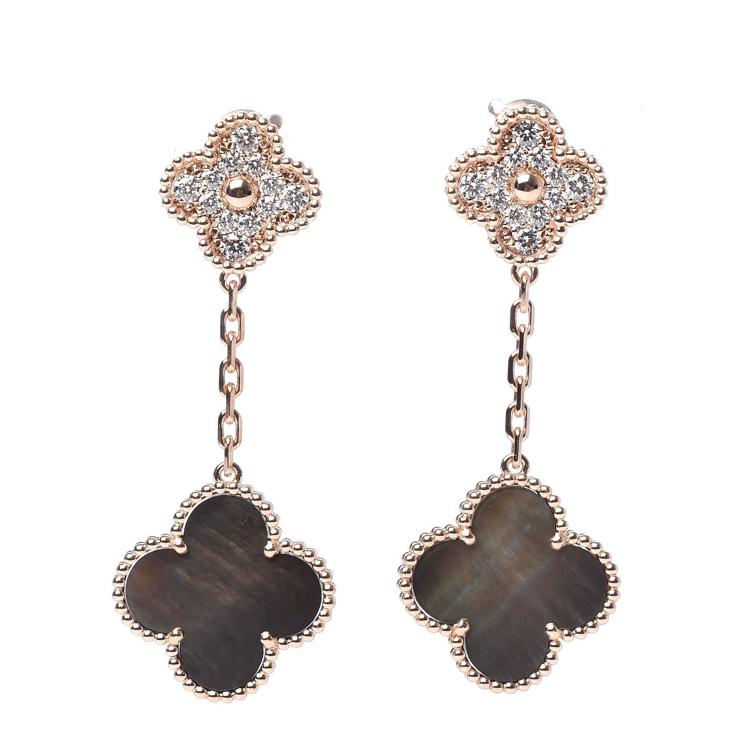 Van Cleef & Arpels 18K Rose Gold Diamond Grey Mother of Pearl Magic Alhambra 2 Motifs Earrings 1 of 6