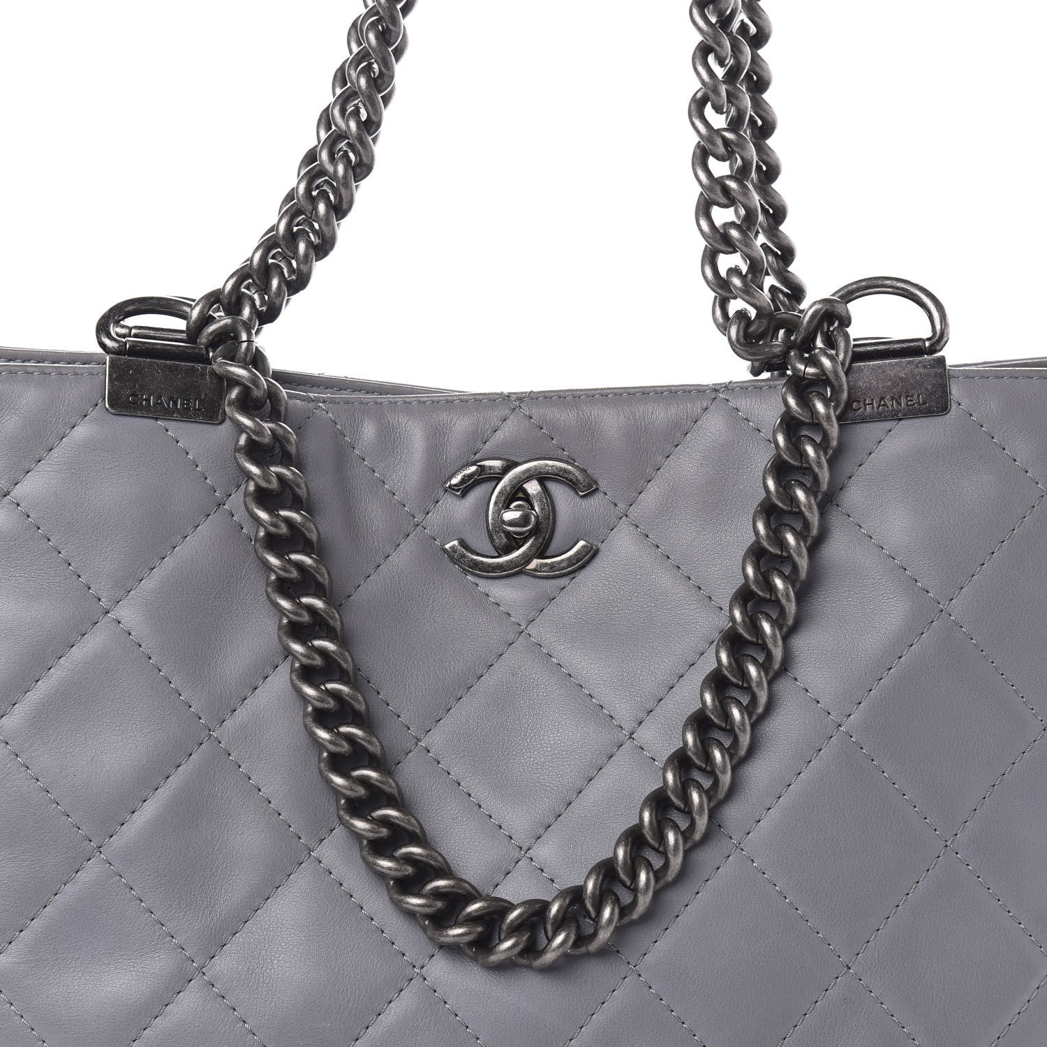 Chanel Calfskin Quilted Large Shopping In Chains Tote Light Grey 13 of 13
