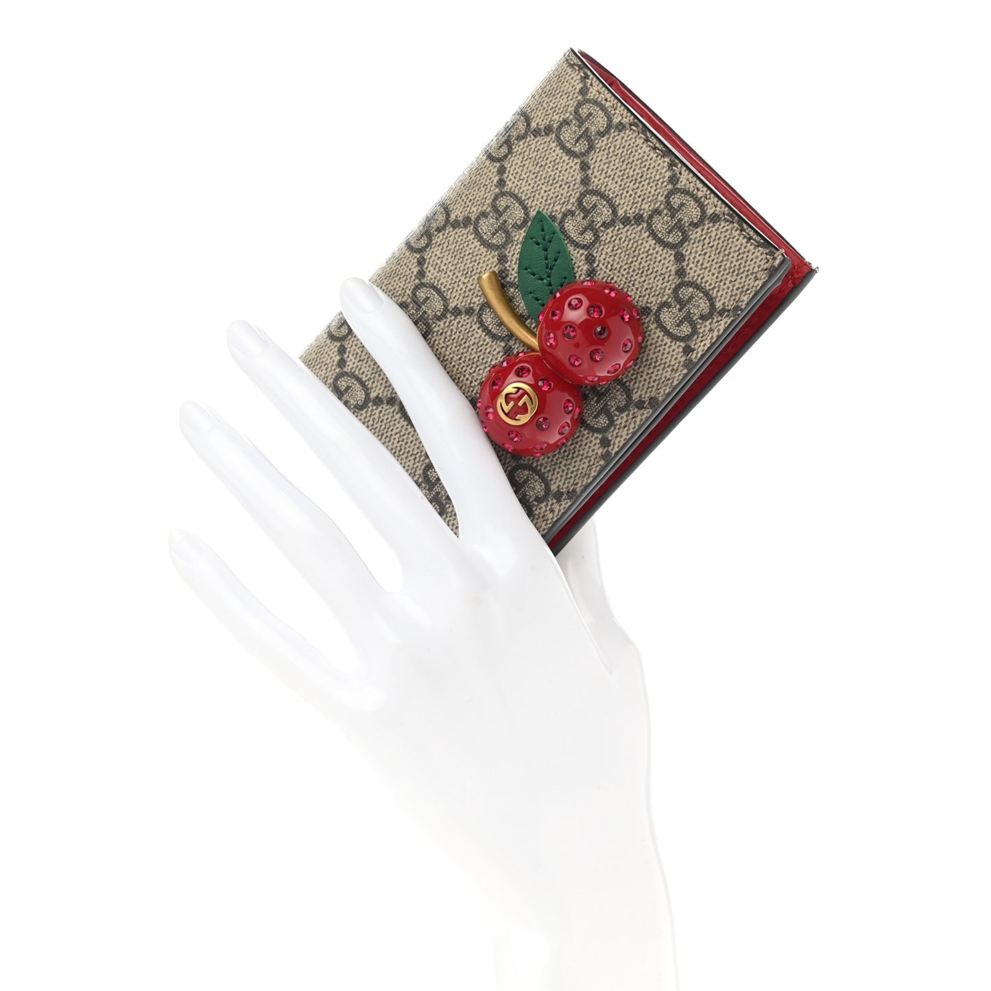GG Supreme Monogram Cherry Embellished Card Case Wallet Hibiscus Red