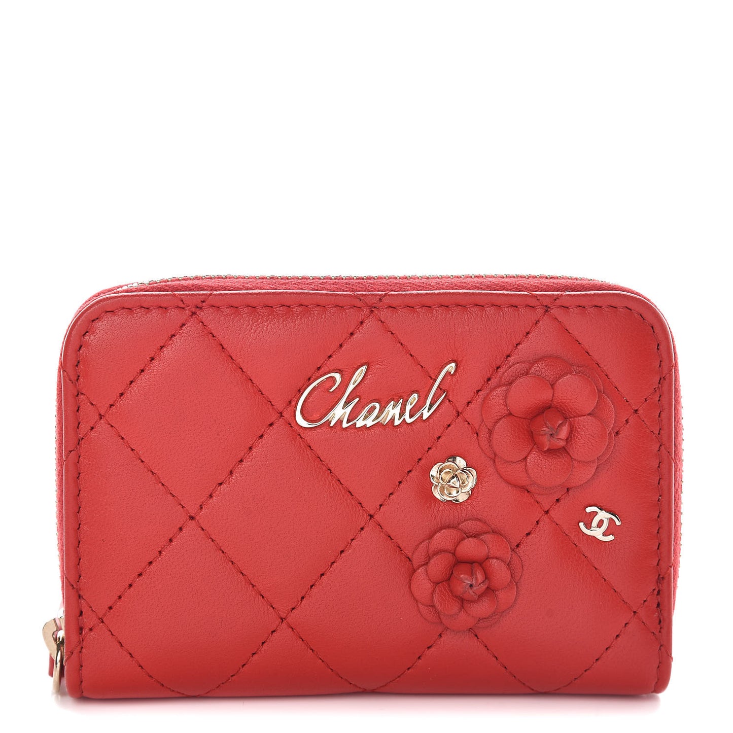 Lambskin Quilted Camellia Zip Coin Purse Red