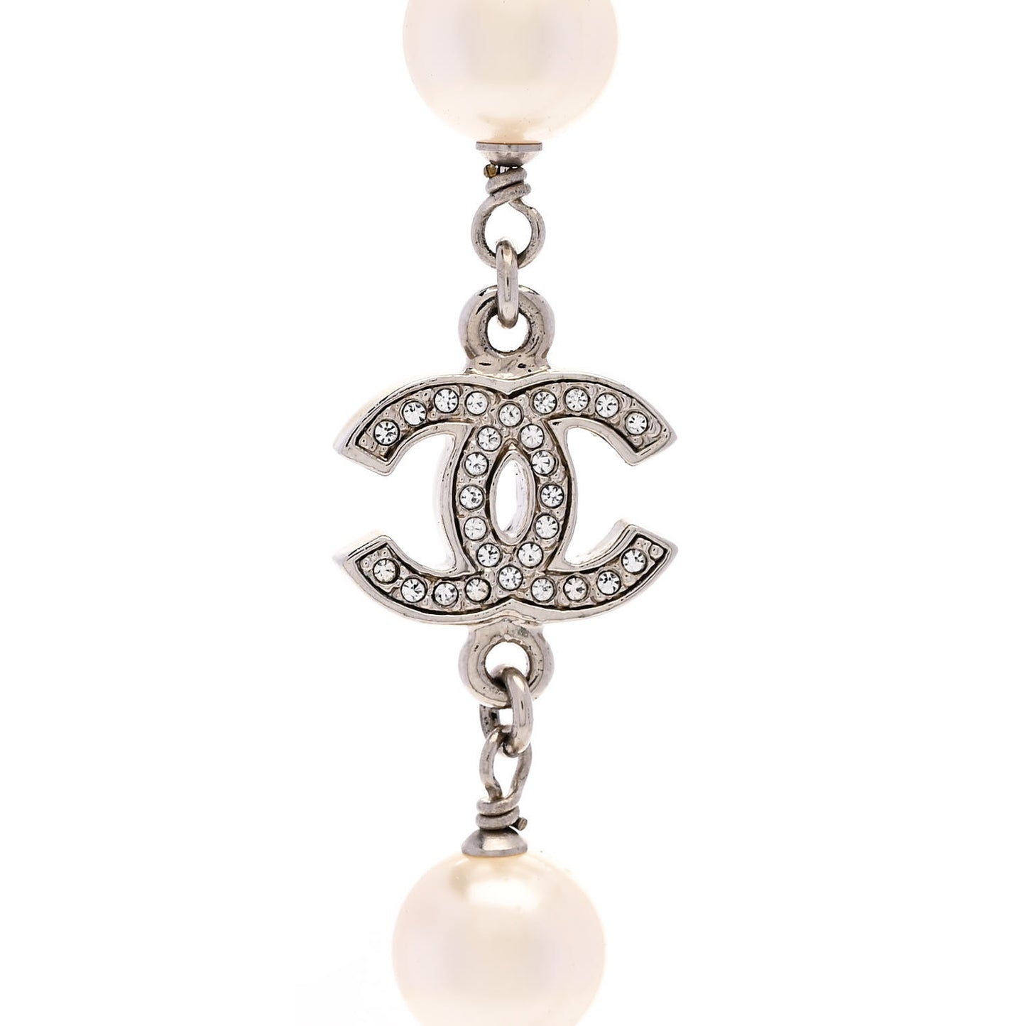 Graduated Pearl Crystal CC Long Necklace Silver