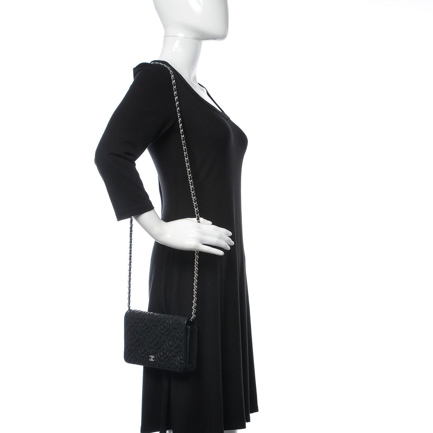 Lambskin Camellia Embossed Wallet On Chain WOC Black