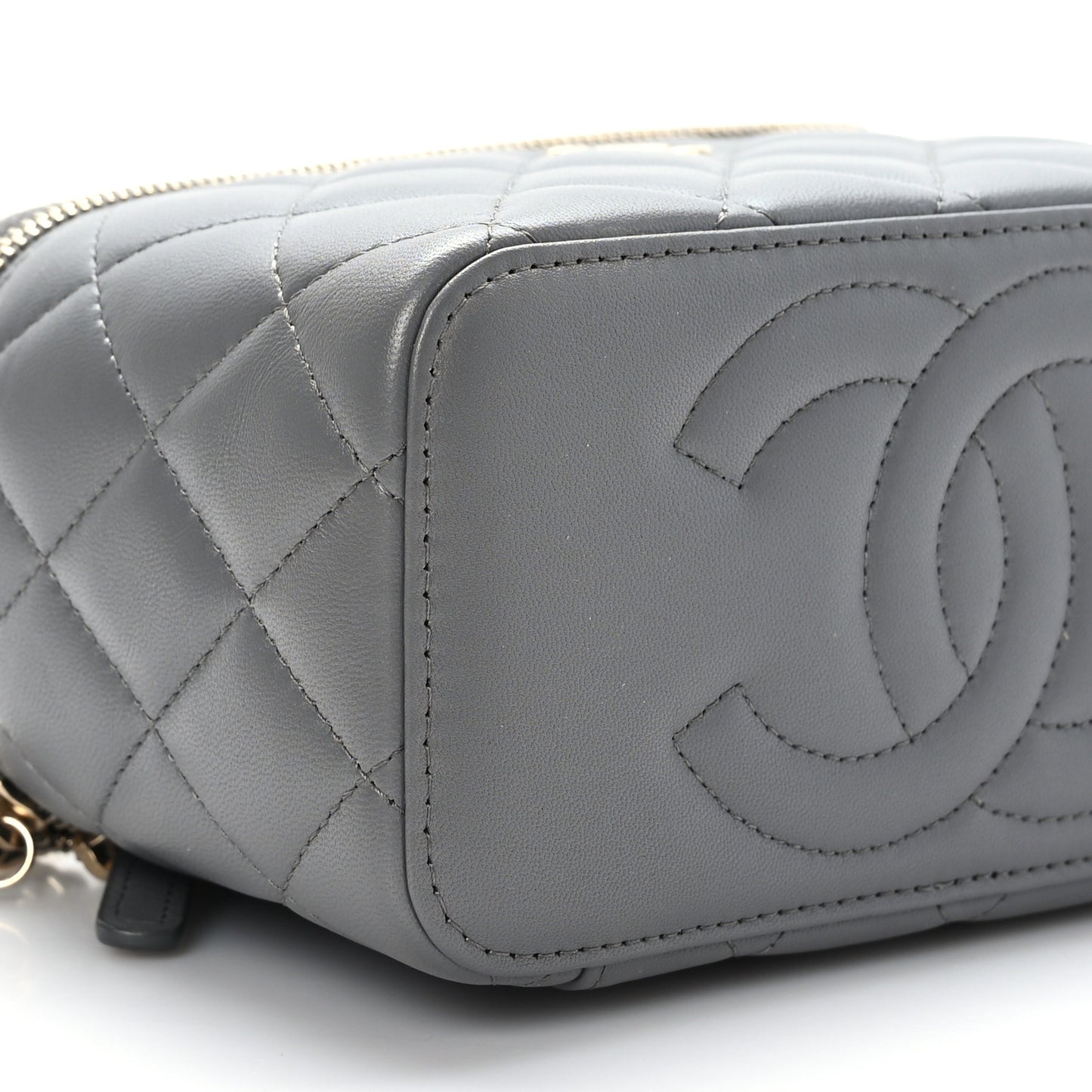 Lambskin Quilted Small Top Handle Vanity Case With Chain Dark Grey