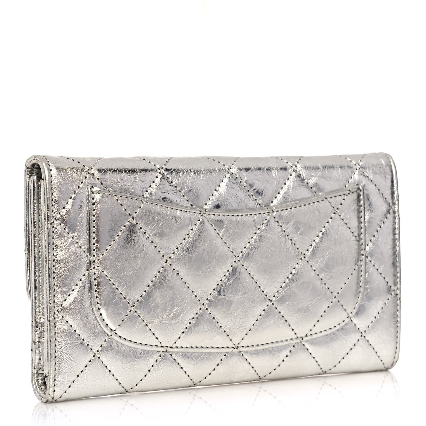 Metallic Aged Calfskin Quilted Reissue Long Flap Wallet Light Silver