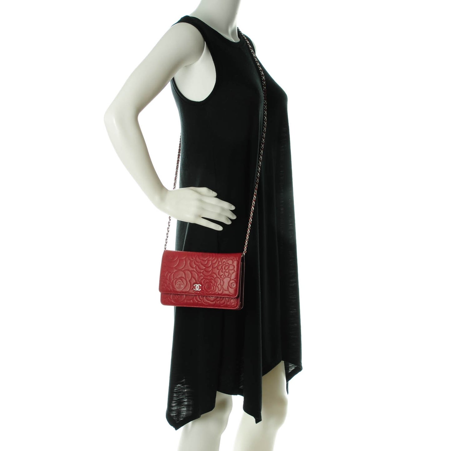 Lambskin Camellia Embossed Wallet On Chain WOC Red