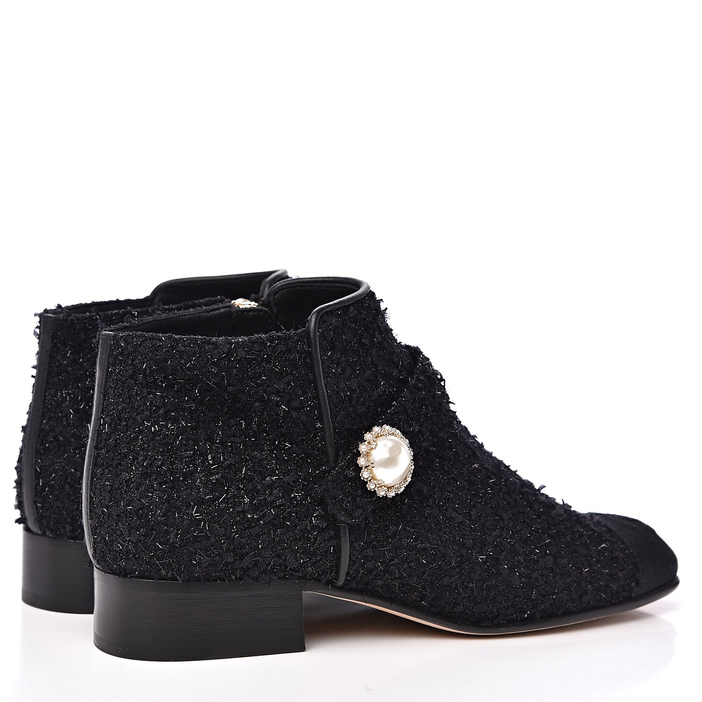 Tweed Grosgrain Pearl Cap Toe CC Short Boots 36 Black