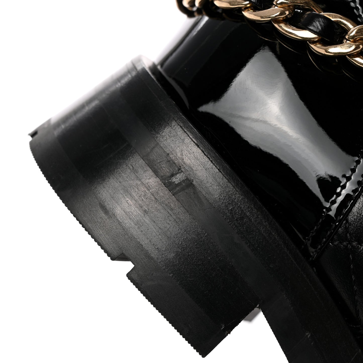 Shiny Calfskin Patent Quilted Chain Lace Up Combat Boots 37 Black