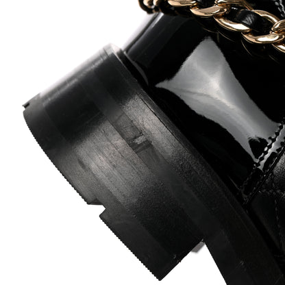 Chanel Shiny Calfskin Patent Quilted Chain Lace Up Combat Boots 37 Black 15 of 15