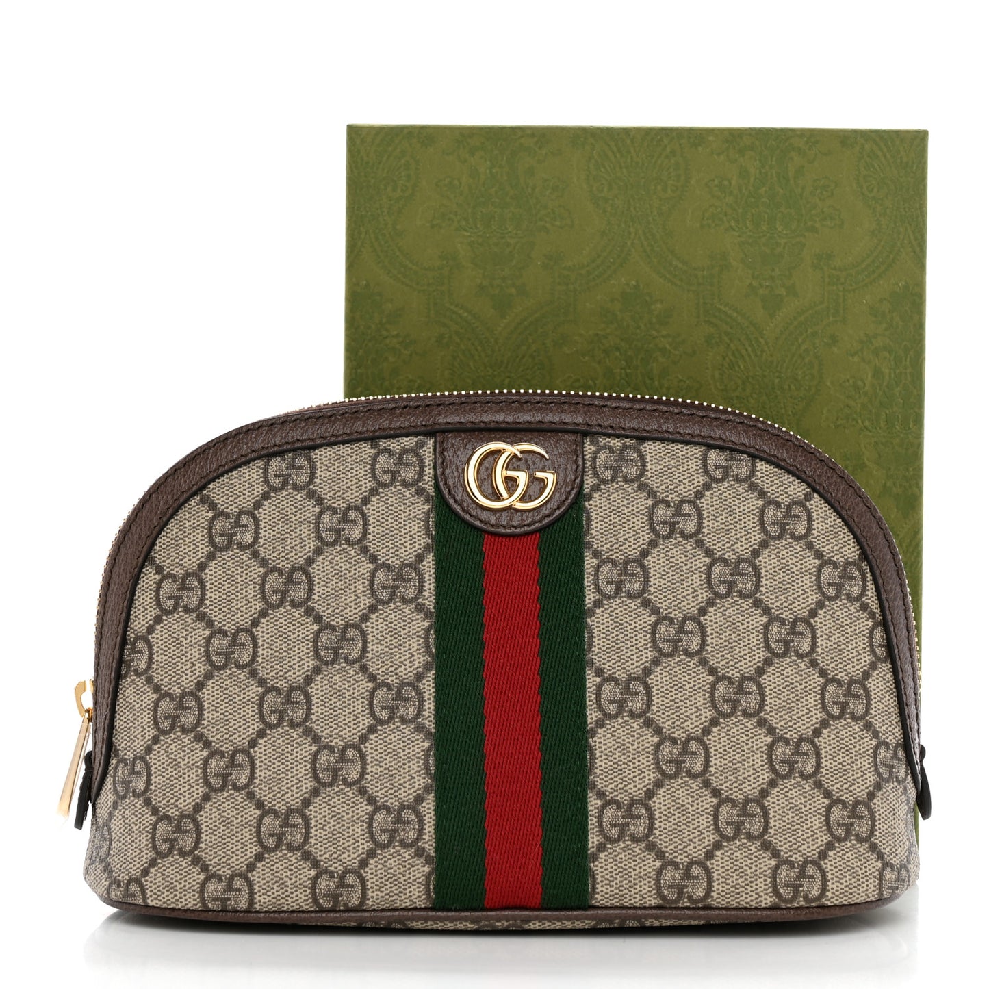 GG Supreme Monogram Textured Calfskin Web Large Ophidia Cosmetic Case Beige Ebony New Acero