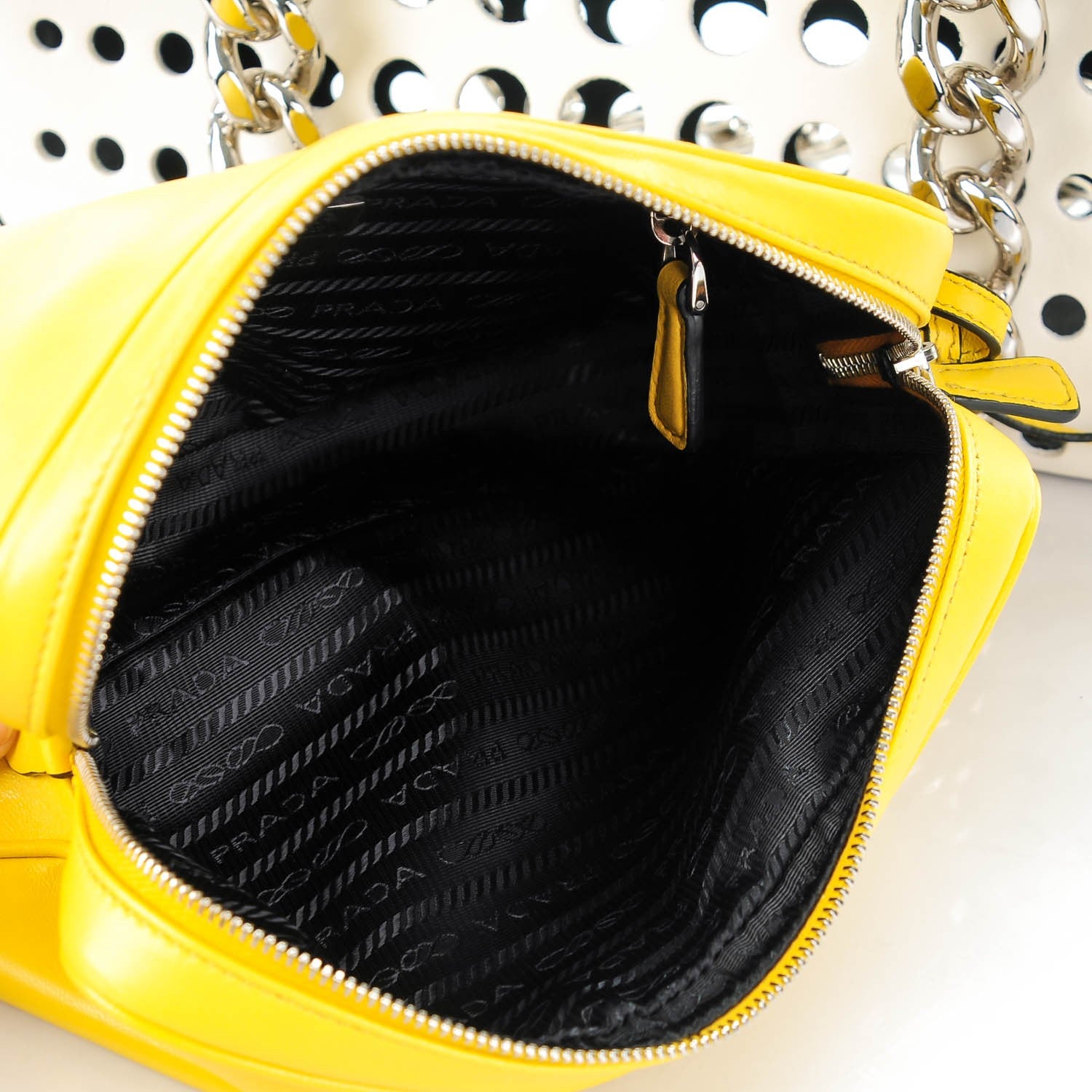 Prada City Calfskin Perforated Chain Shoulder Bag Talco Soleil 6 of 9