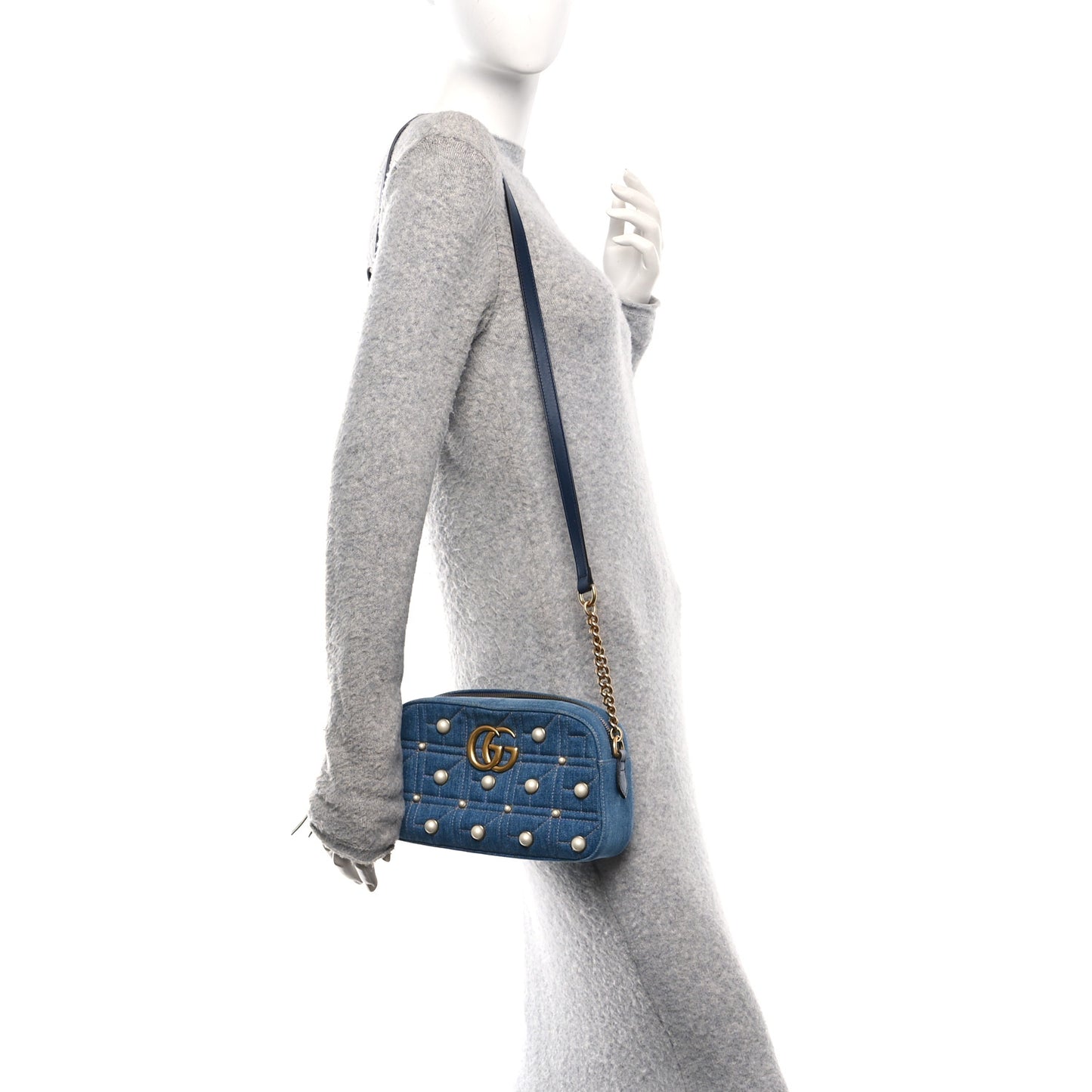 Denim Matelasse Pearl Studded Small GG Marmont Chain Shoulder Bag Blue