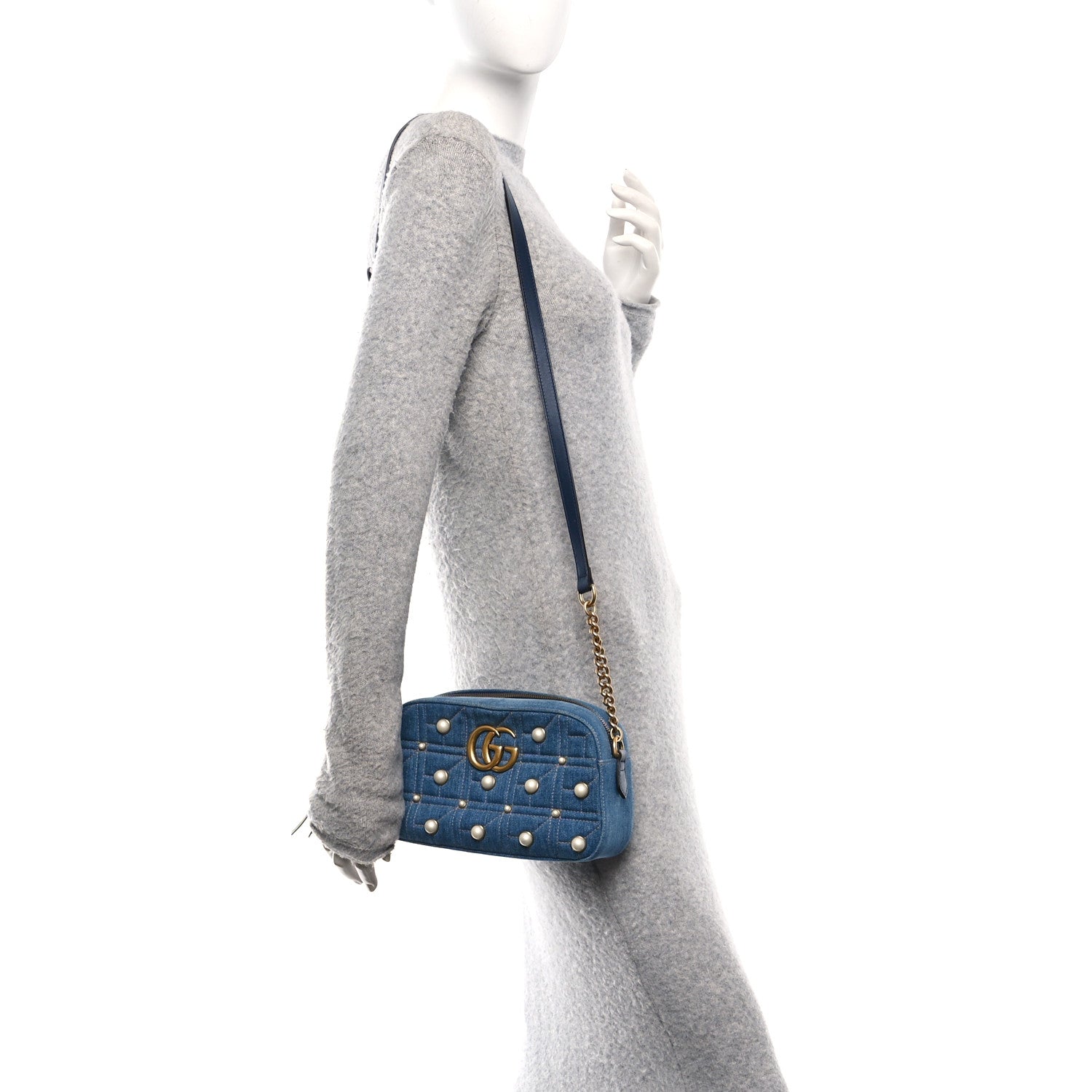 Gucci Denim Matelasse Pearl Studded Small GG Marmont Chain Shoulder Bag Blue 2 of 11