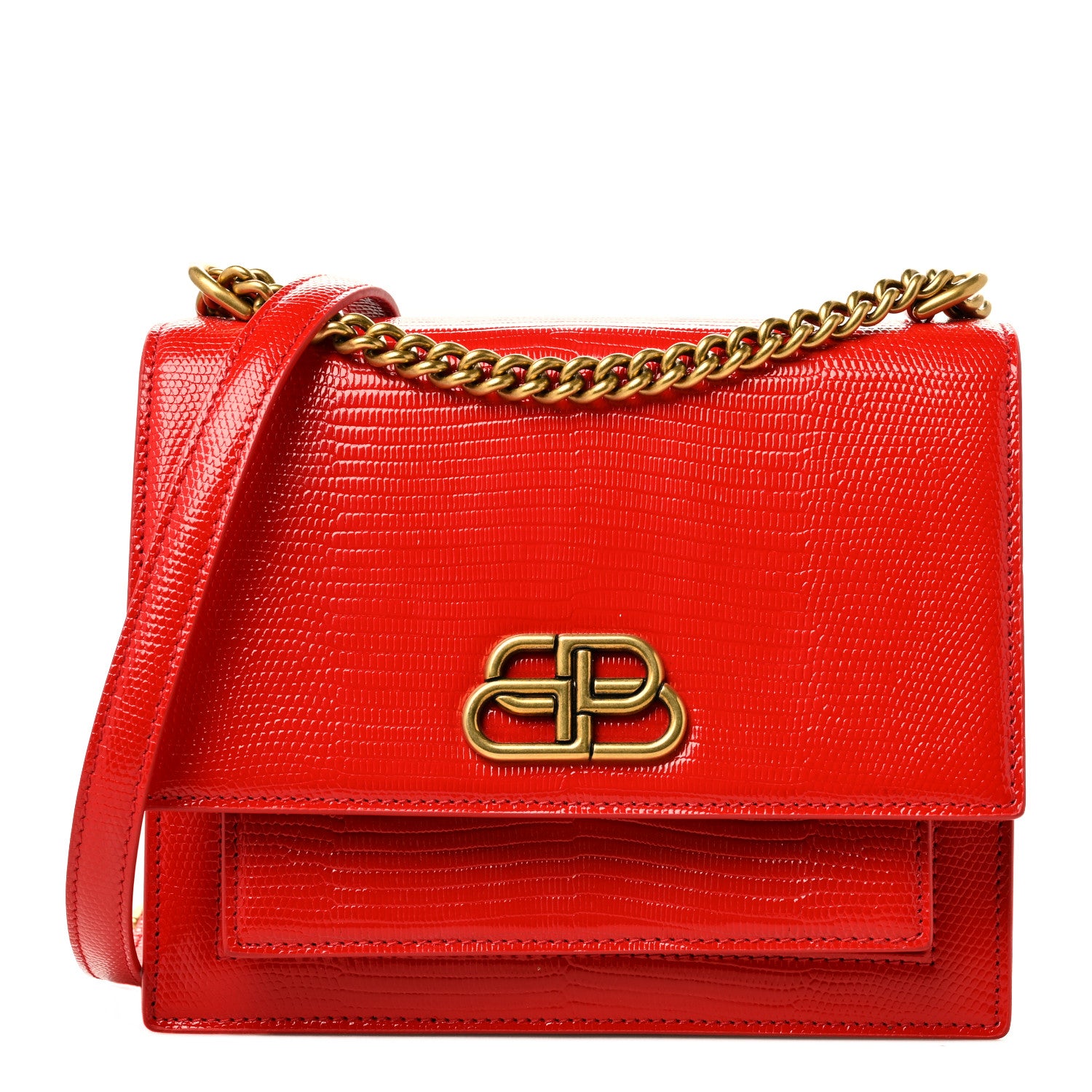 Balenciaga Patent Calfskin Lizard Embossed Sharp S Chain Satchel Vivid Red 1 of 9