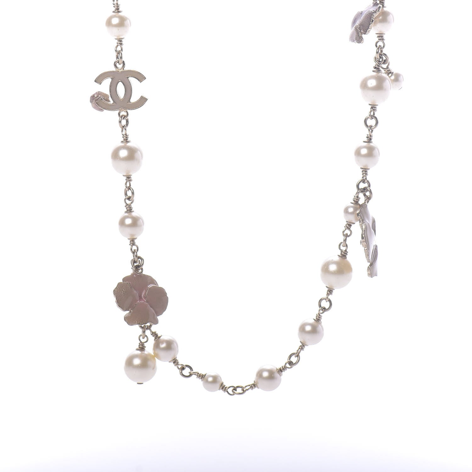 Chanel Pearl Crystal Flower CC Long Necklace Golden Pearly White 4 of 7
