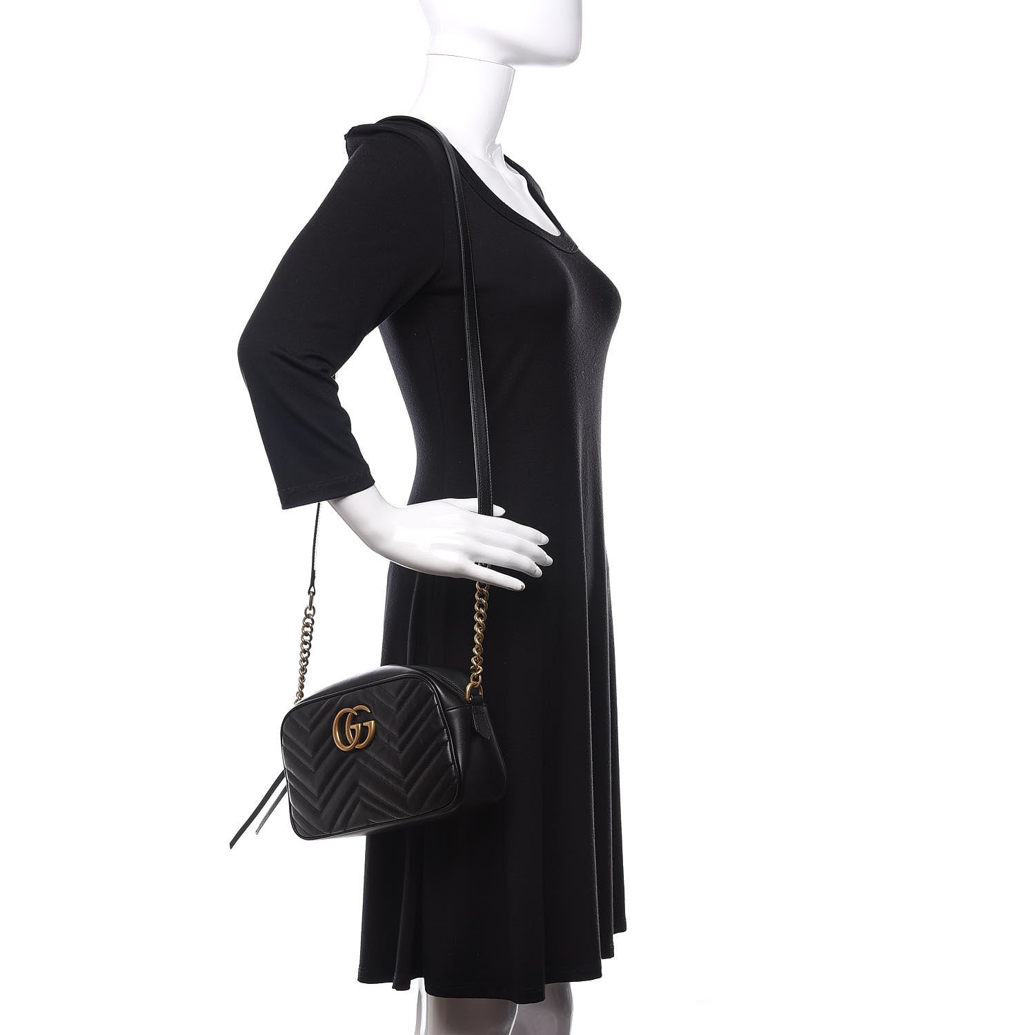 Gucci Calfskin Matelasse Small GG Marmont Chain Shoulder Bag Black 2 of 10