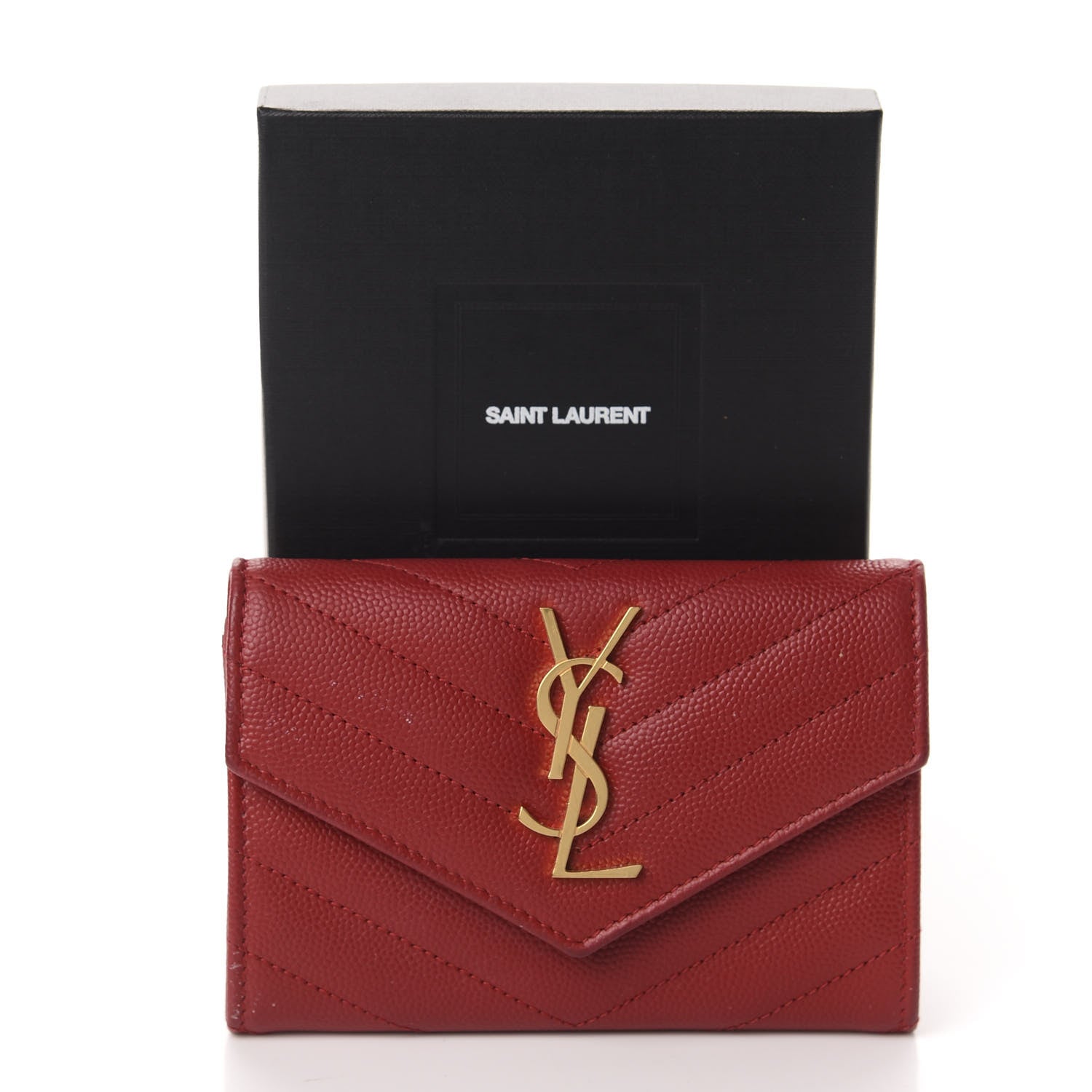 Saint Laurent Grain De Poudre Matelasse Chevron Small Monogram Envelope Wallet New Red 11 of 11