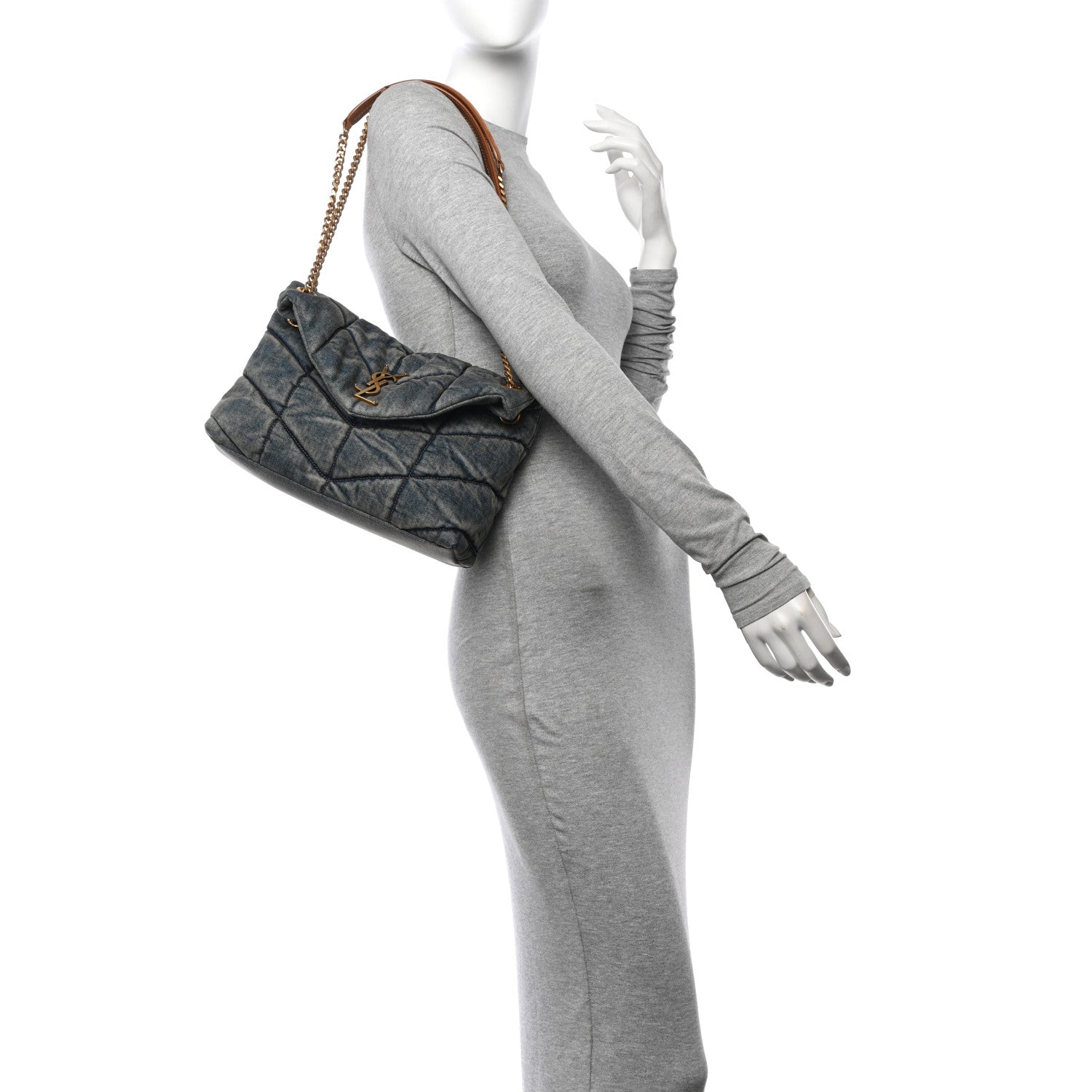 Saint Laurent Denim Quilted Small Loulou Puffer Monogram Chain Satchel Blue Cinnamon 2 of 11