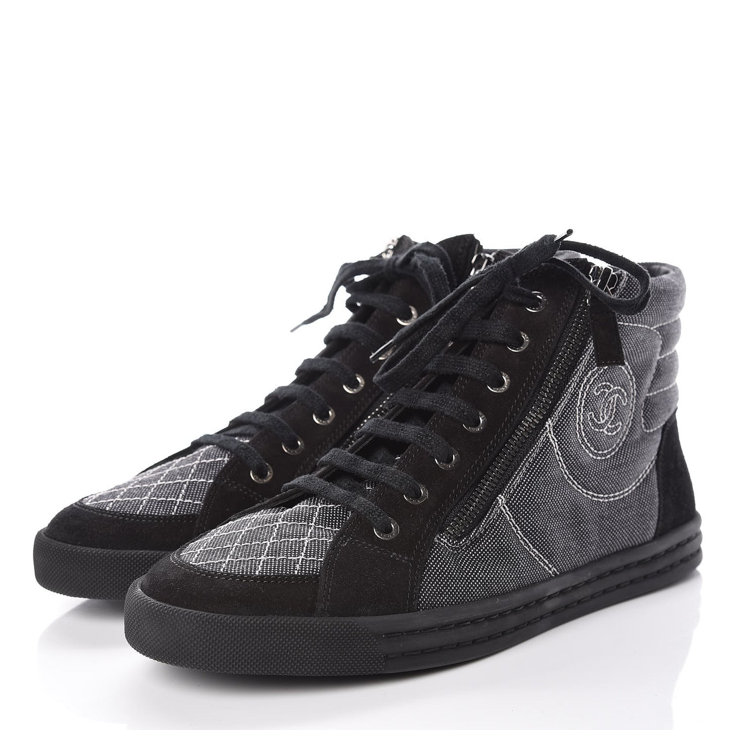 Toile Suede Calfskin CC High Top Sneakers 39 Dark Grey