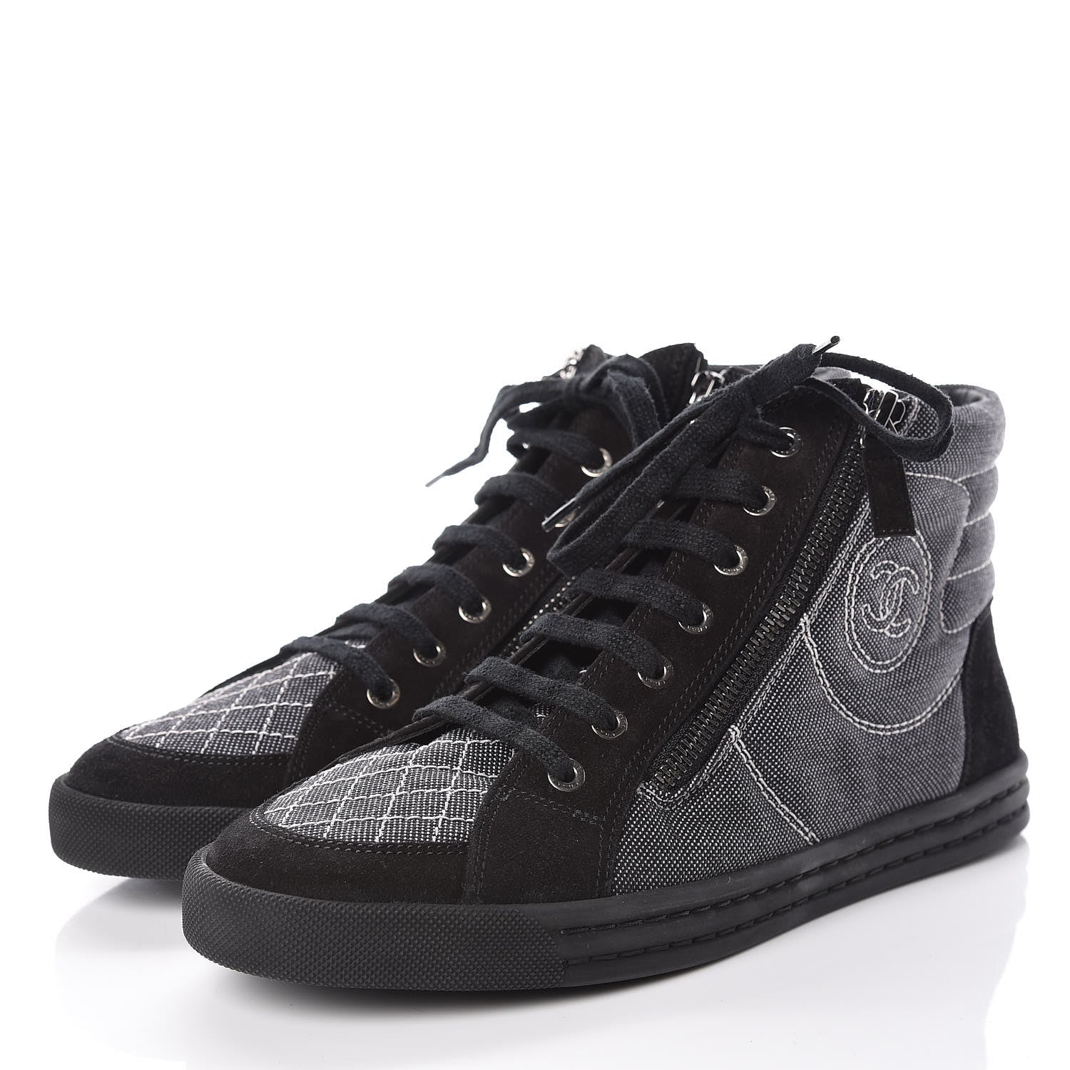 Chanel Toile Suede Calfskin CC High Top Sneakers 39 Dark Grey 3 of 9