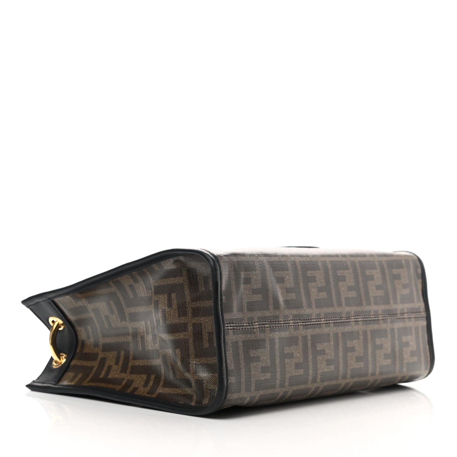 Fendi Glazed Fabric Vitello Century Plexiglass FF 1974 Stamp Patch Small Runaway Shopper Tote Mogano Panna Black 4 of 10