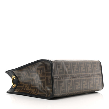 Fendi Glazed Fabric Vitello Century Plexiglass FF 1974 Stamp Patch Small Runaway Shopper Tote Mogano Panna Black 4 of 10
