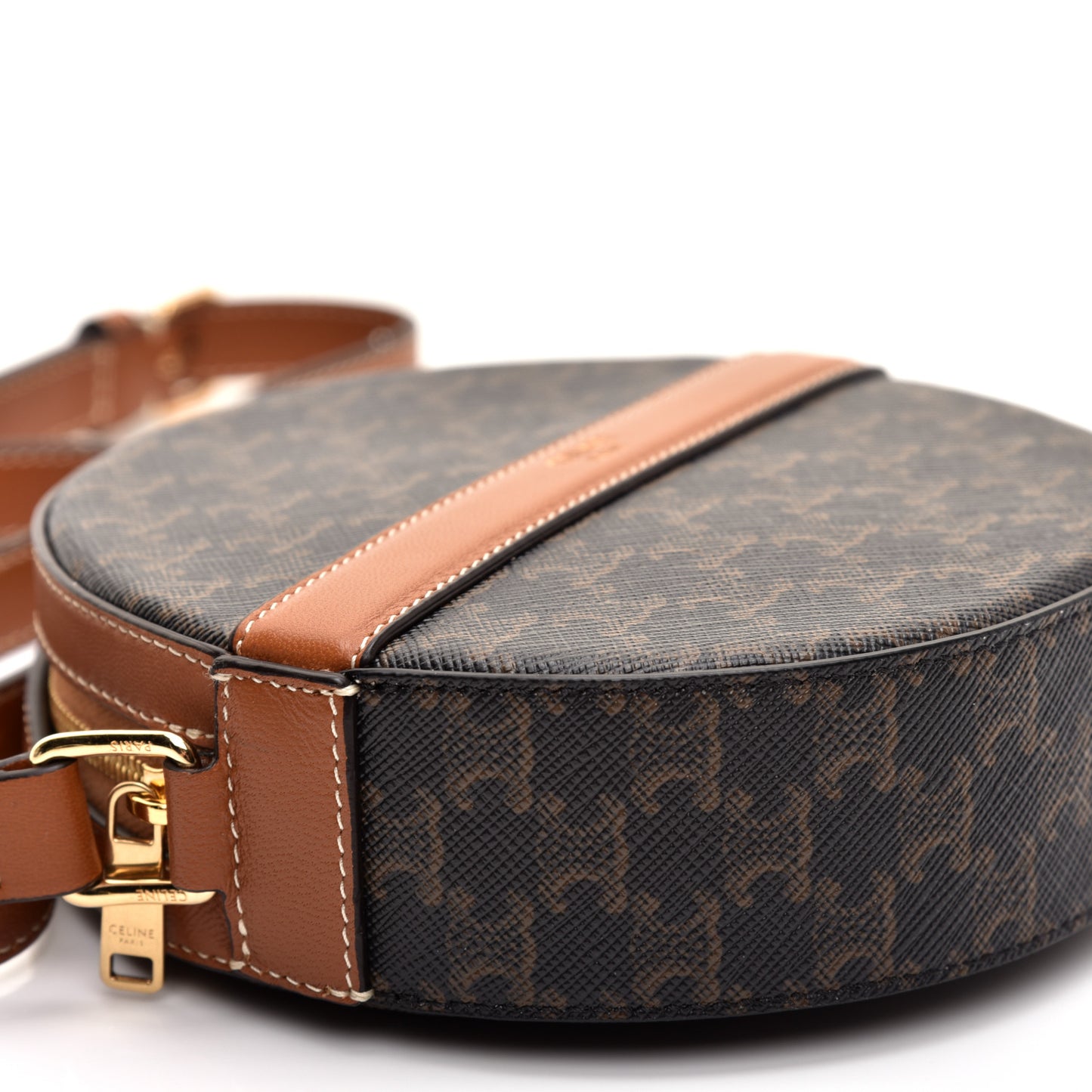 Lambskin Triomphe Canvas Round Purse On Strap Black Tan