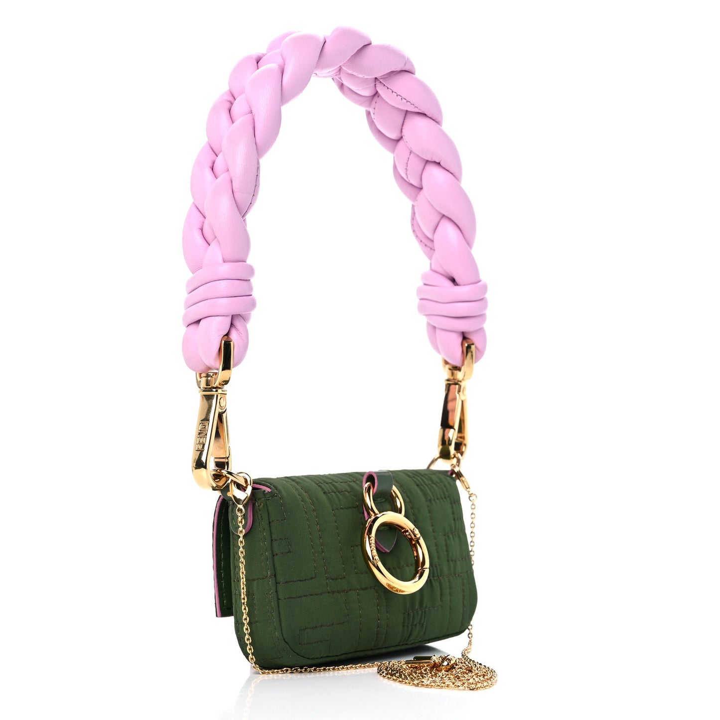 Nylon Nappa FF Stitched Nano Baguette Maxi Handle Charm Green Pink