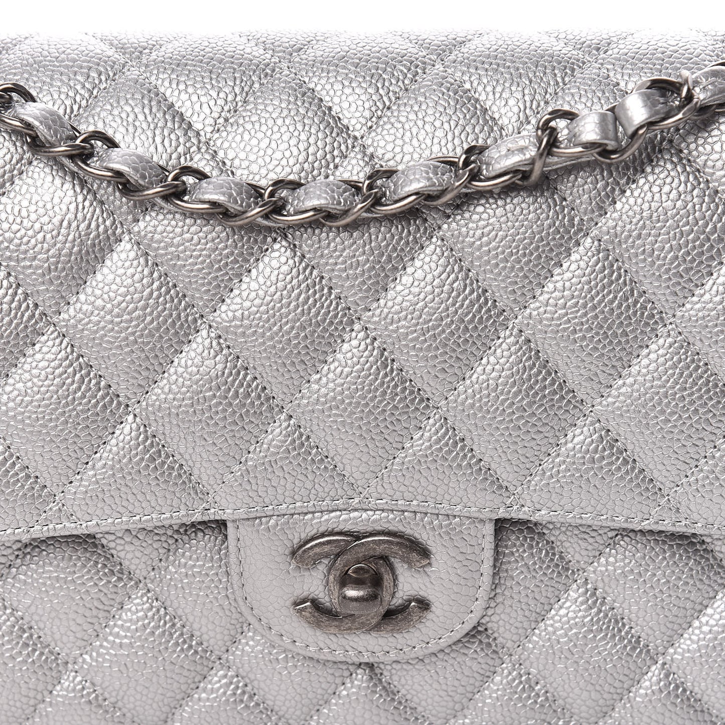 Metallic Caviar Quilted Medium Double Flap Silver