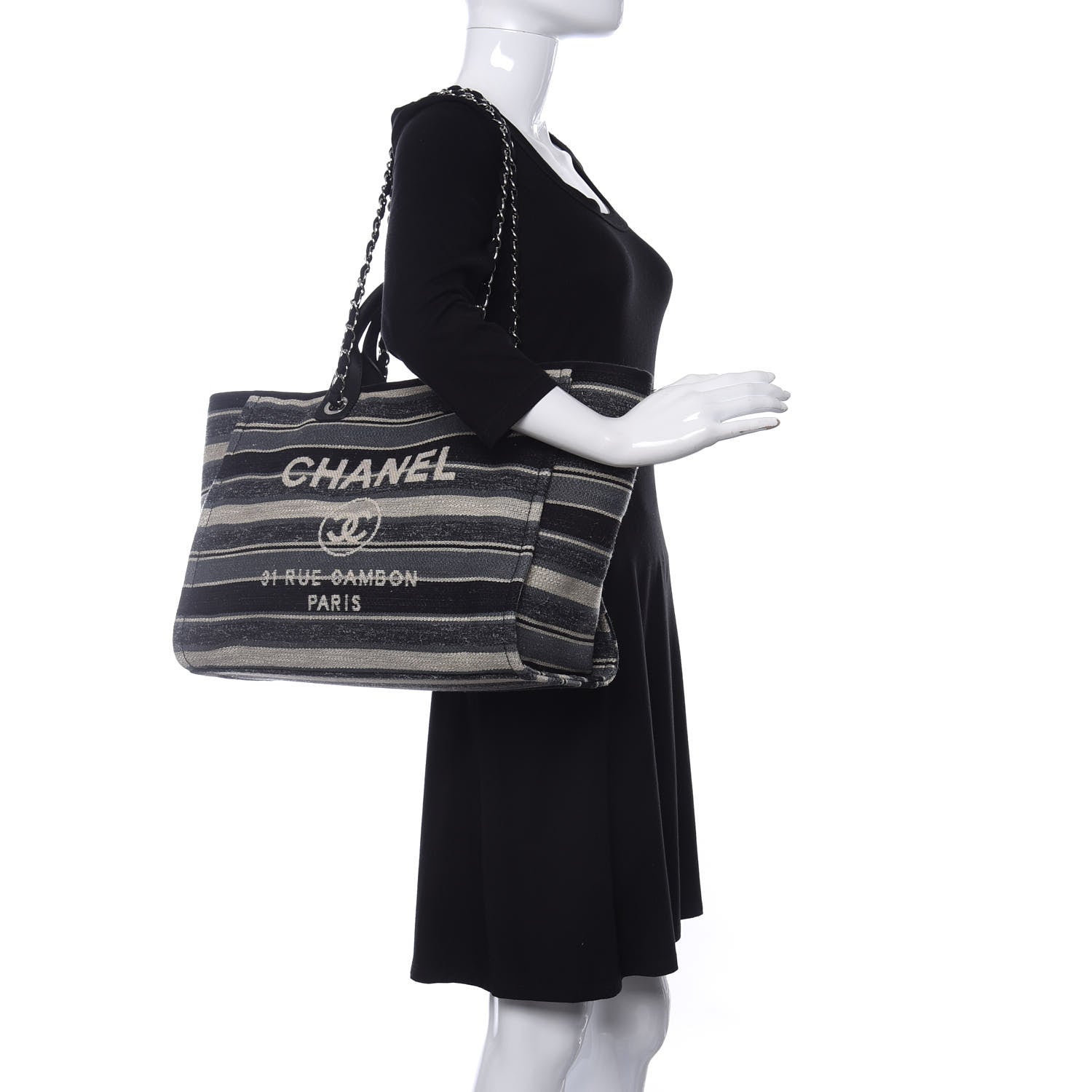 Chanel Striped Canvas Medium Deauville Tote Black 2 of 11