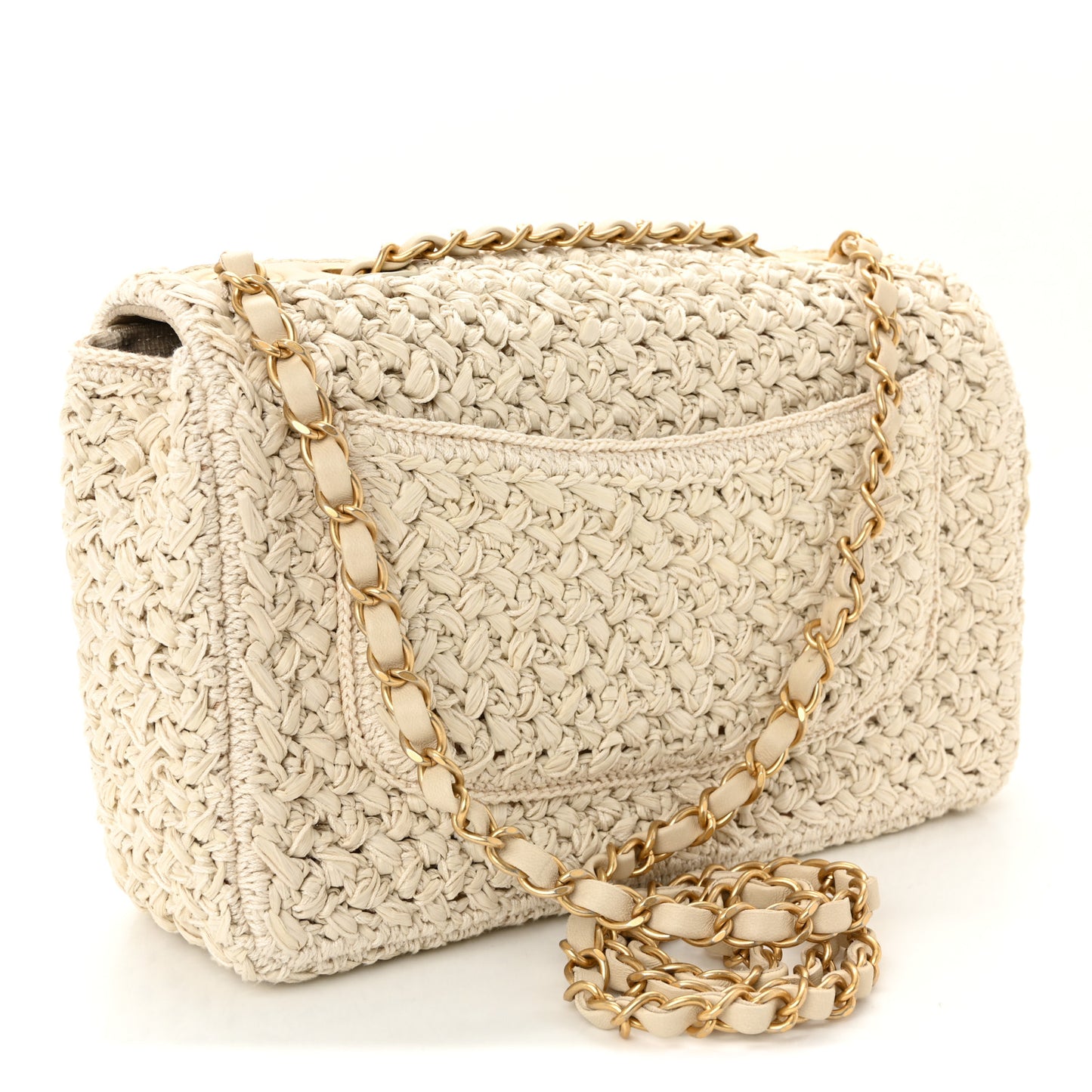 Raffia Crochet Paris Greece Medium Flap Bag Beige