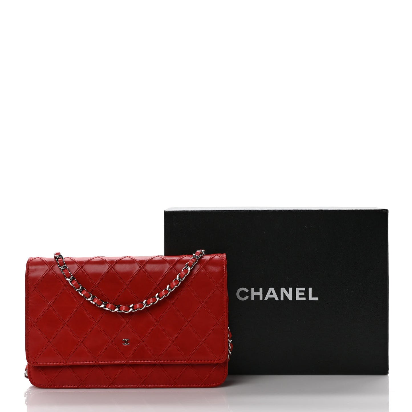 Lambskin Diamond Stitched Wallet On Chain WOC Red