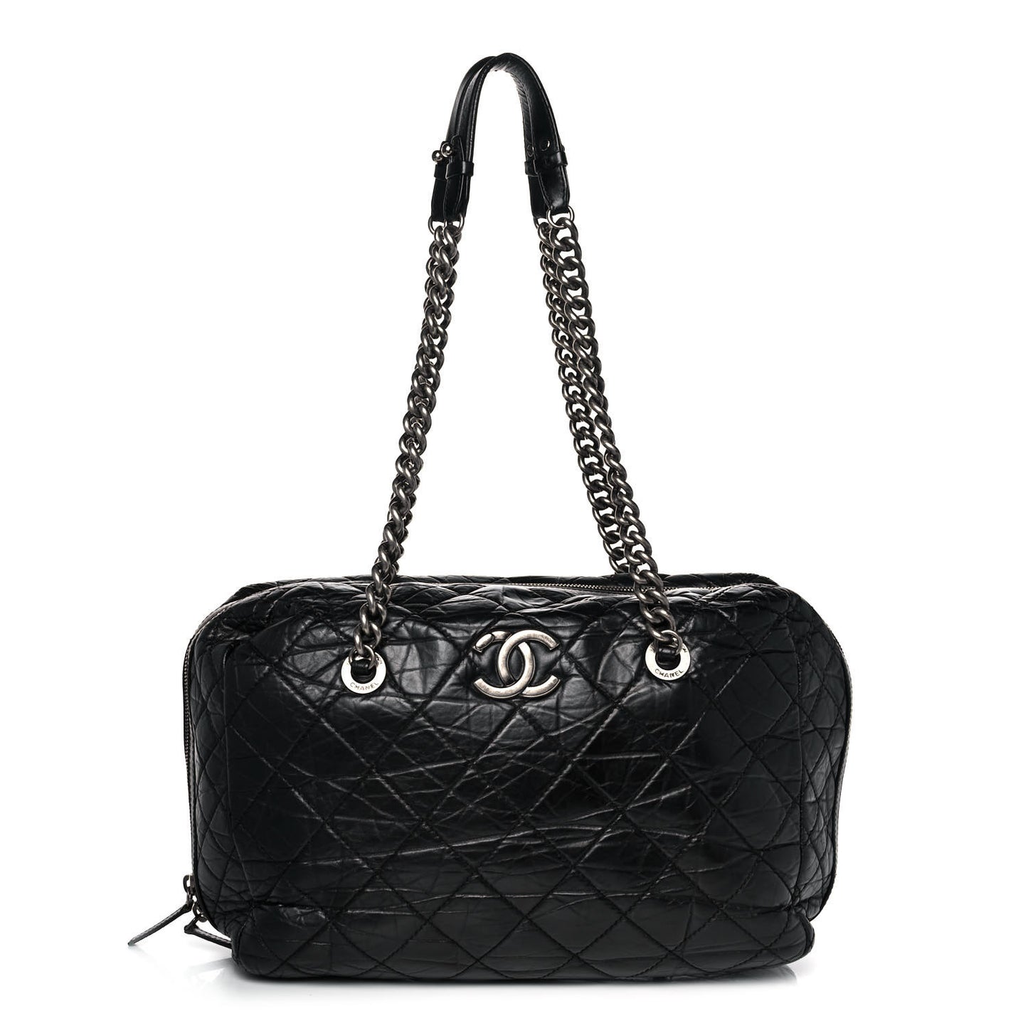Aged Calfskin Quilted Large Secret Tag Bowling Bag Black