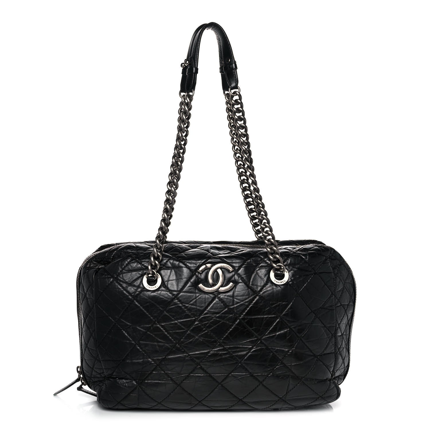 Chanel Aged Calfskin Quilted Large Secret Tag Bowling Bag Black 1 of 12