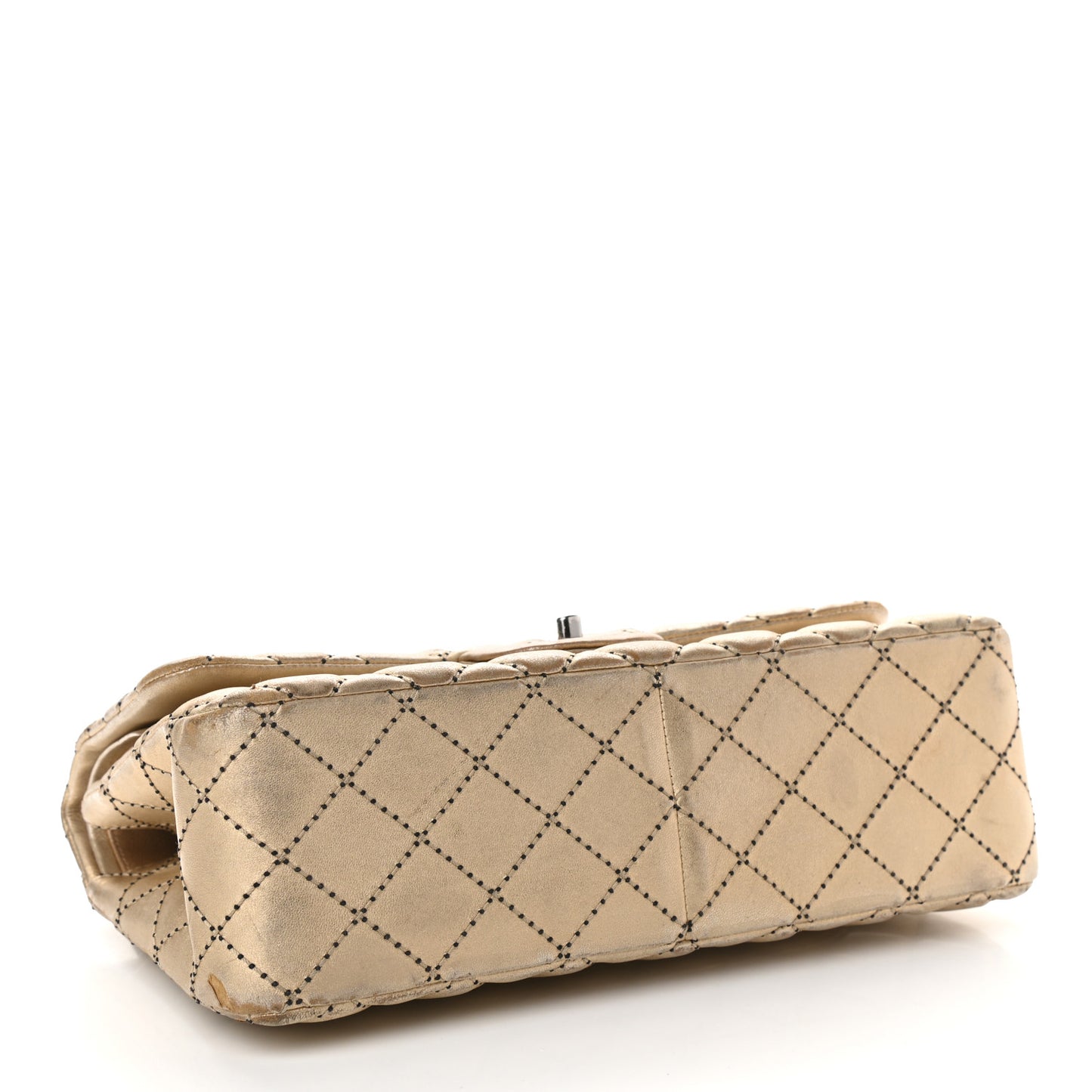Metallic Washed Lambskin Quilted Jumbo Double Flap Dark Gold Black