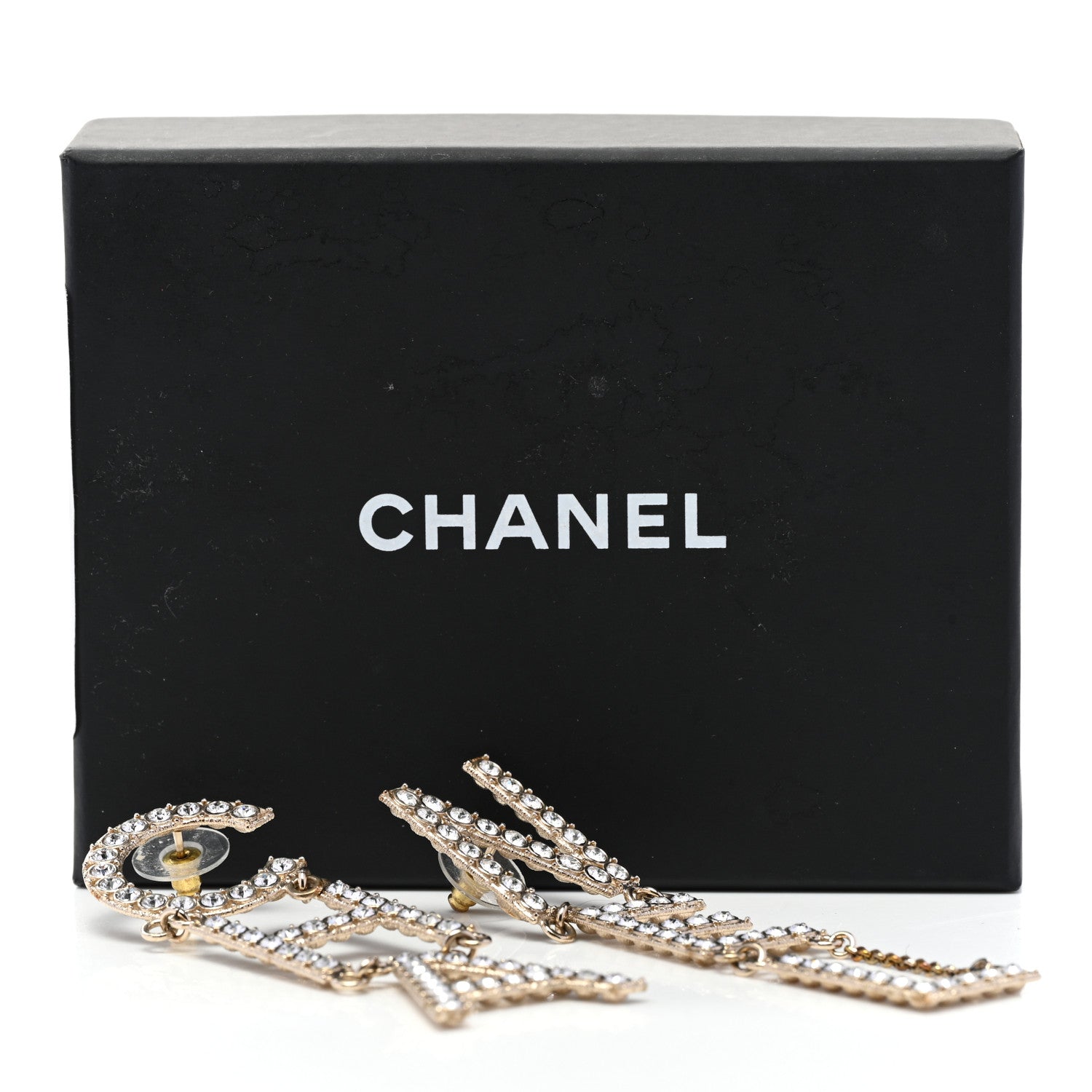 Chanel Crystal Cha-Nel Logo Drop Earrings Gold 5 of 5