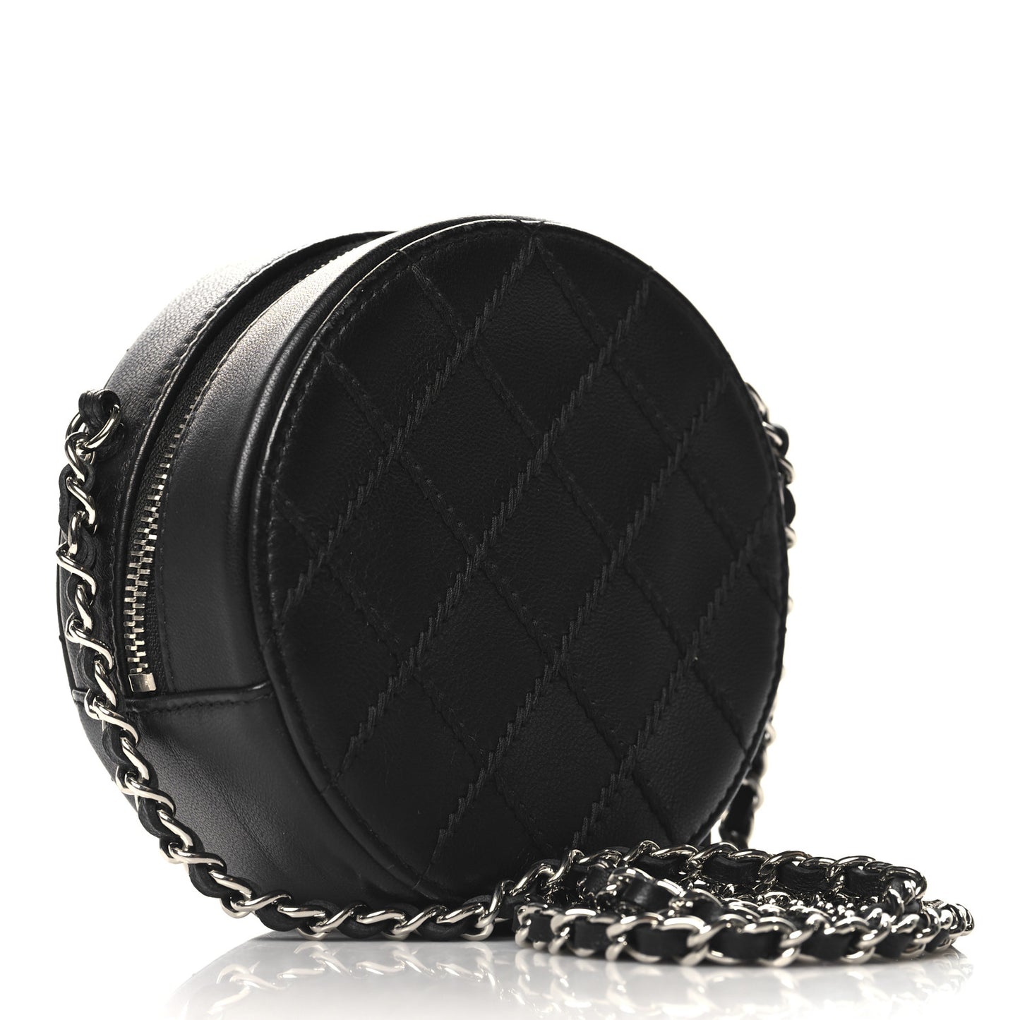 Lambskin Stitch Round Clutch With Chain Black