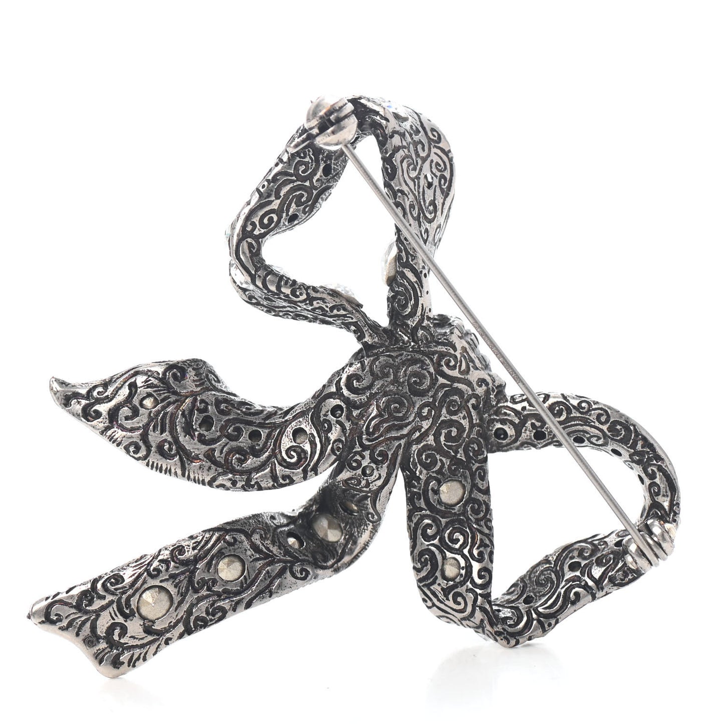 Metal Crystal Bow Brooch Silver