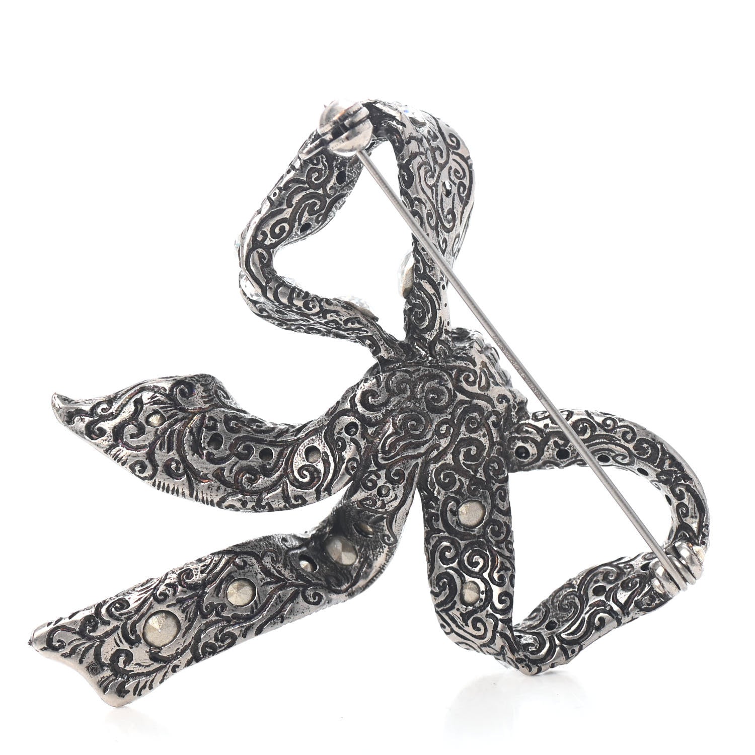 Gucci Metal Crystal Bow Brooch Silver 2 of 2