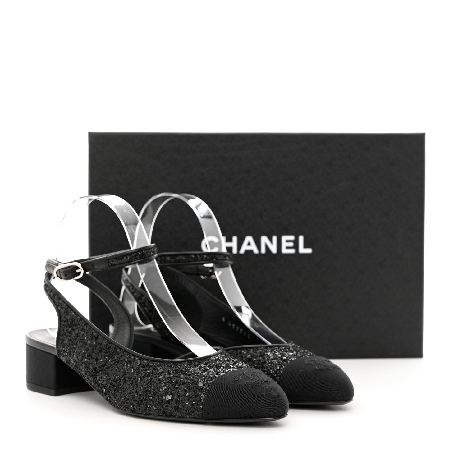 Glitter Grosgrain Cap Toe CC Ankle Wrap Pumps 38 Black