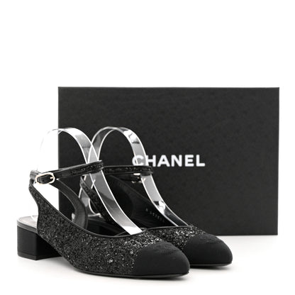 Chanel Glitter Grosgrain Cap Toe CC Ankle Wrap Pumps 38 Black 9 of 9