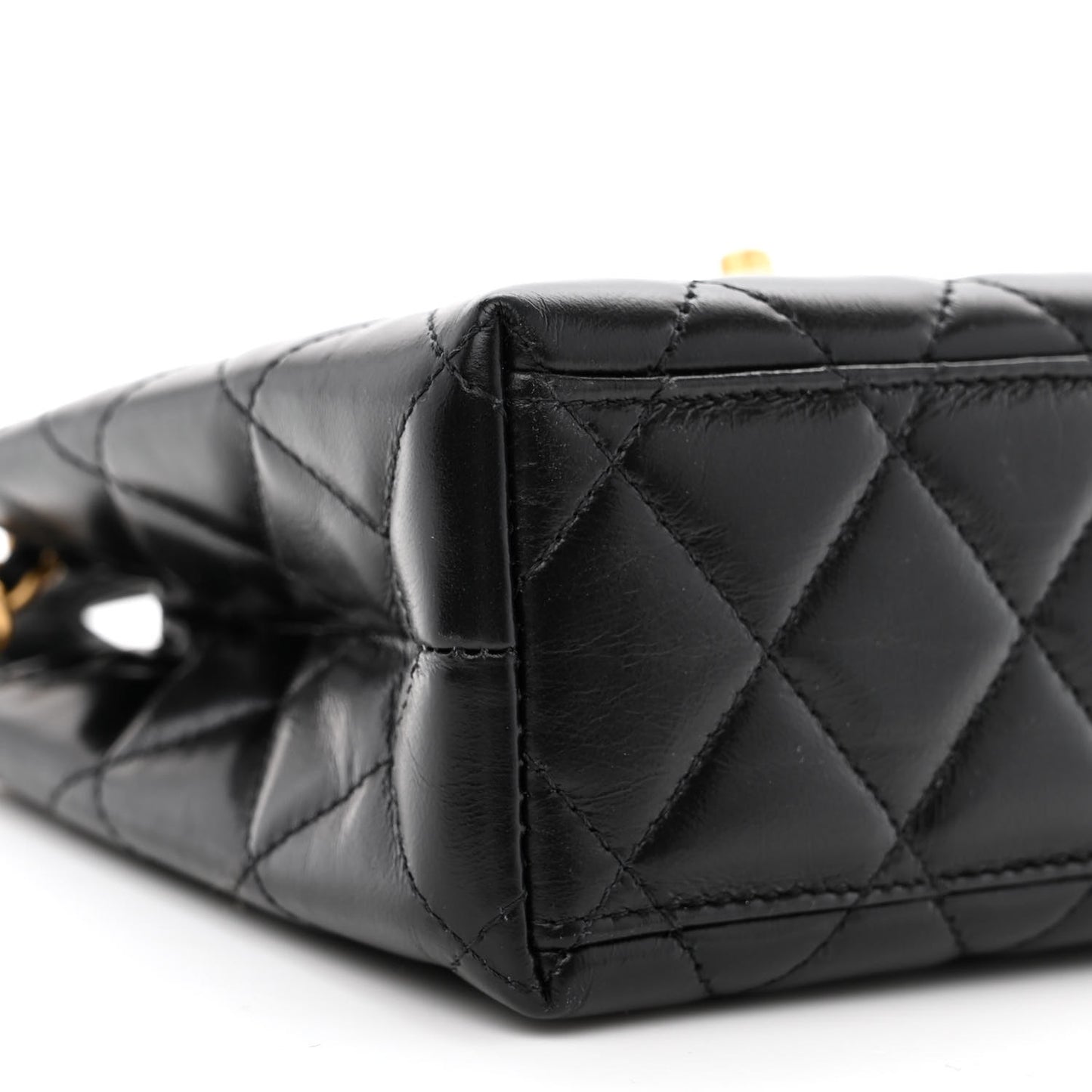 Shiny Aged Calfskin Quilted Nano Kelly Shopper Black
