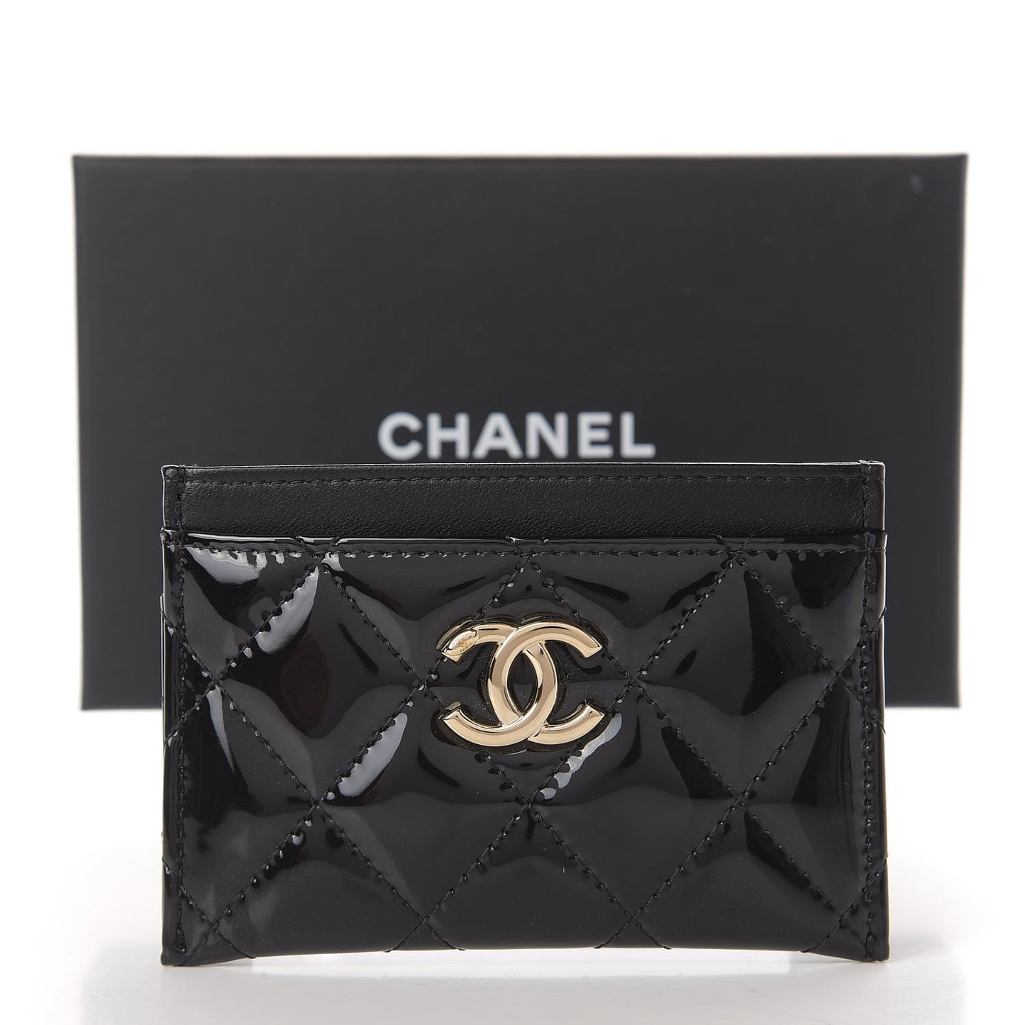 Patent Calfskin Quilted Card Holder Black
