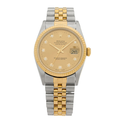 Rolex Stainless Steel 18K Yellow Gold Diamond 36mm Oyster Perpetual Datejust Watch Champagne 16233 1 of 4